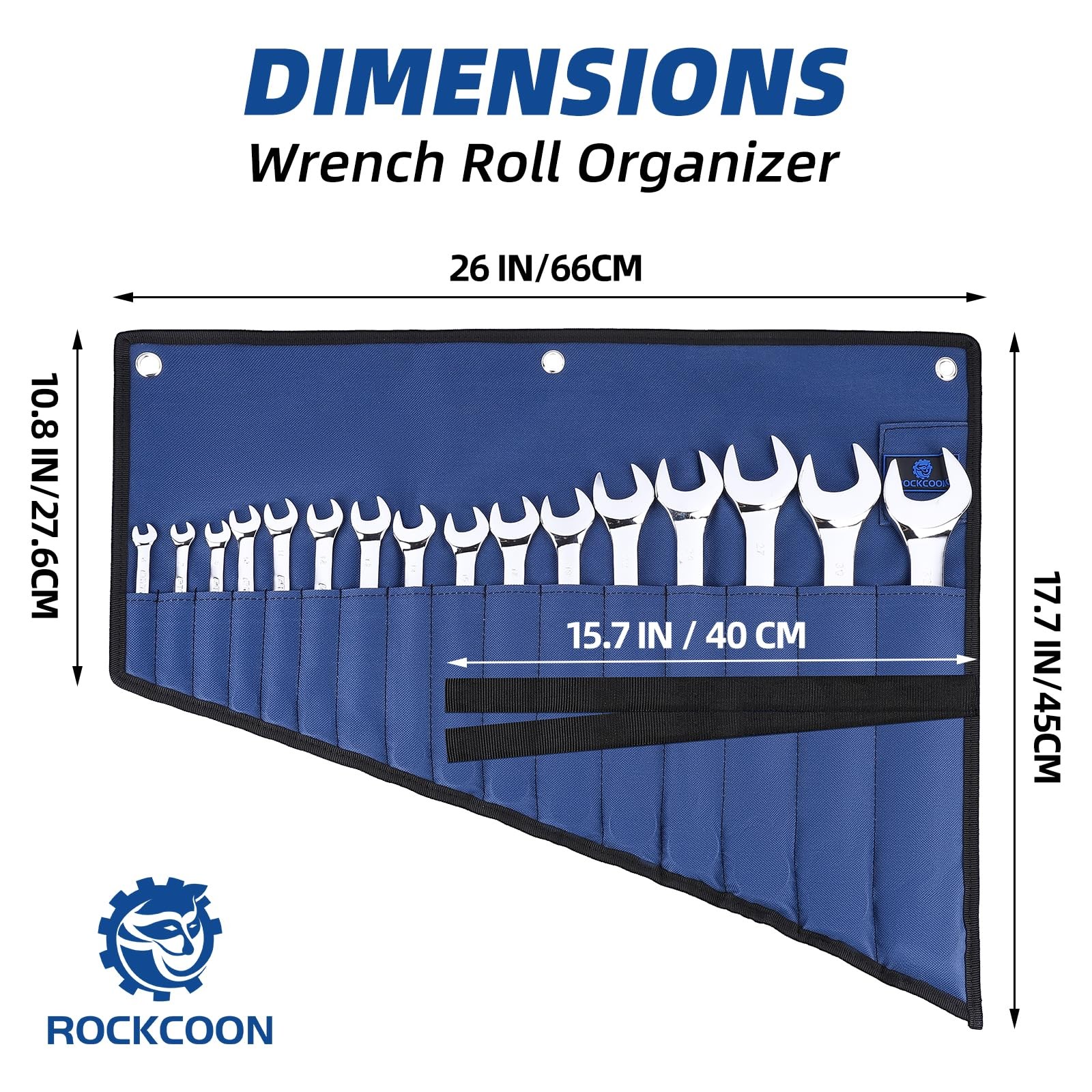 ROCKCOON 16 Pockets Wrench Roll Organizer, 26 x 17.7 x 10.8 inches, Blue