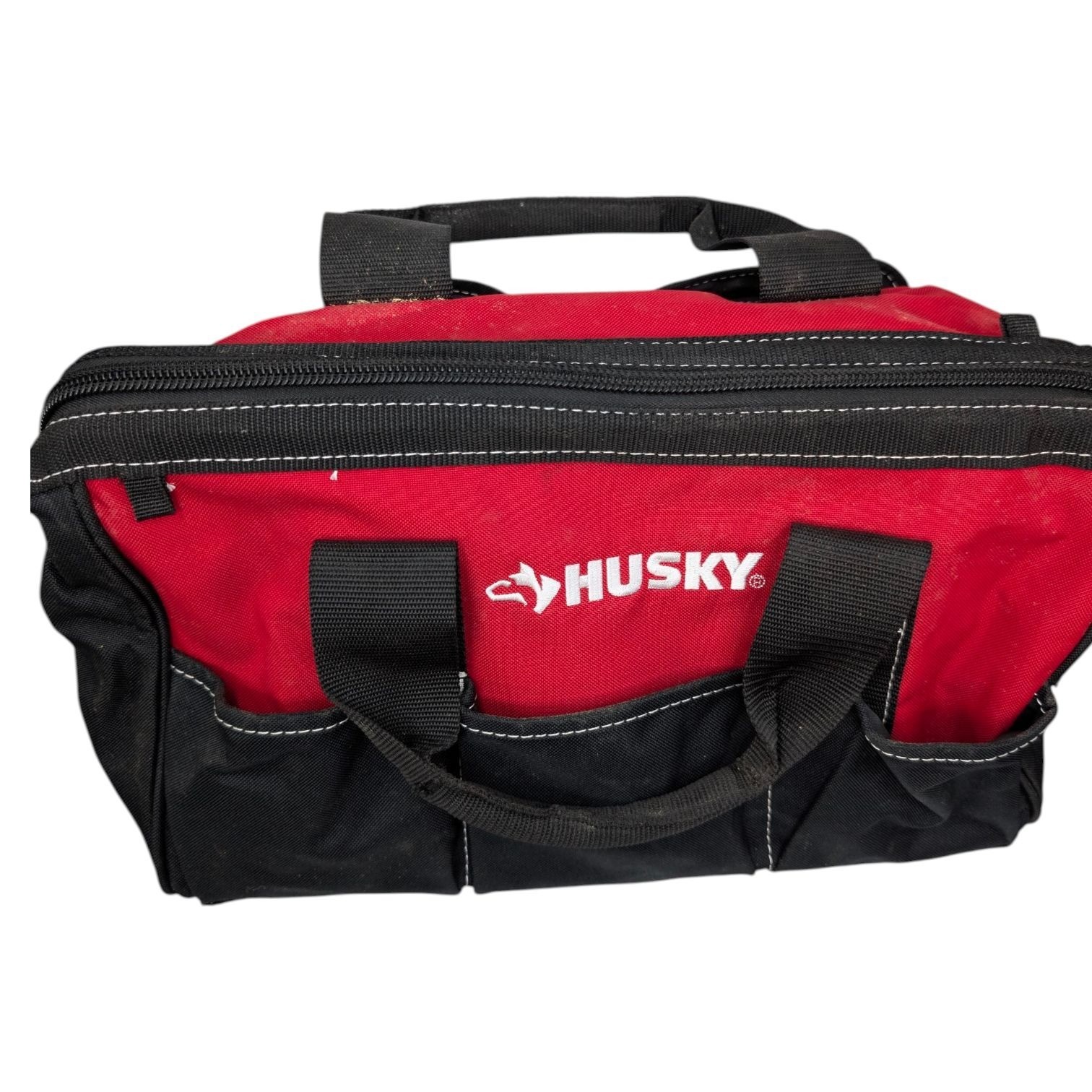 Husky Zippered Tool Bag Red Black 15 in Wide Mouth Canvas 5 Outer Pockets