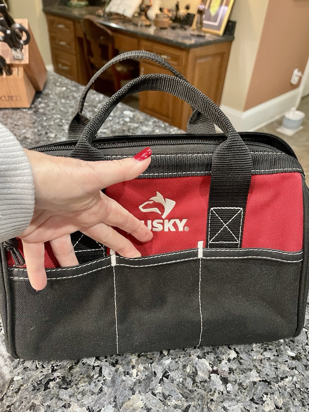 Husky 12-inch 3 Pocket Zippered Tool Bag Water-Resistant Canvas Black & Red