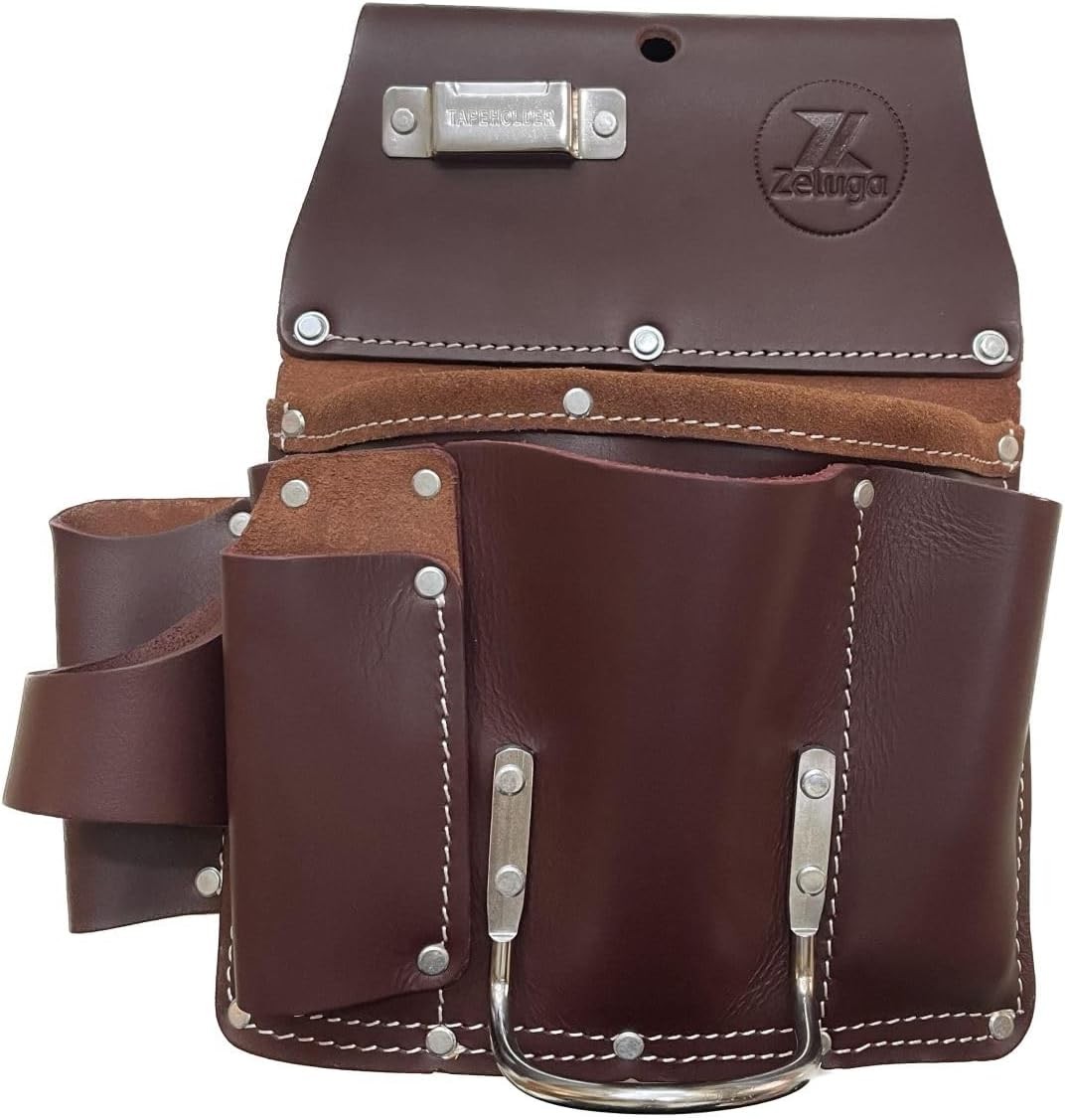 11 Pocket Pro Leather Drywall Pouch Professional Grade Tool Bag Cherry Finish