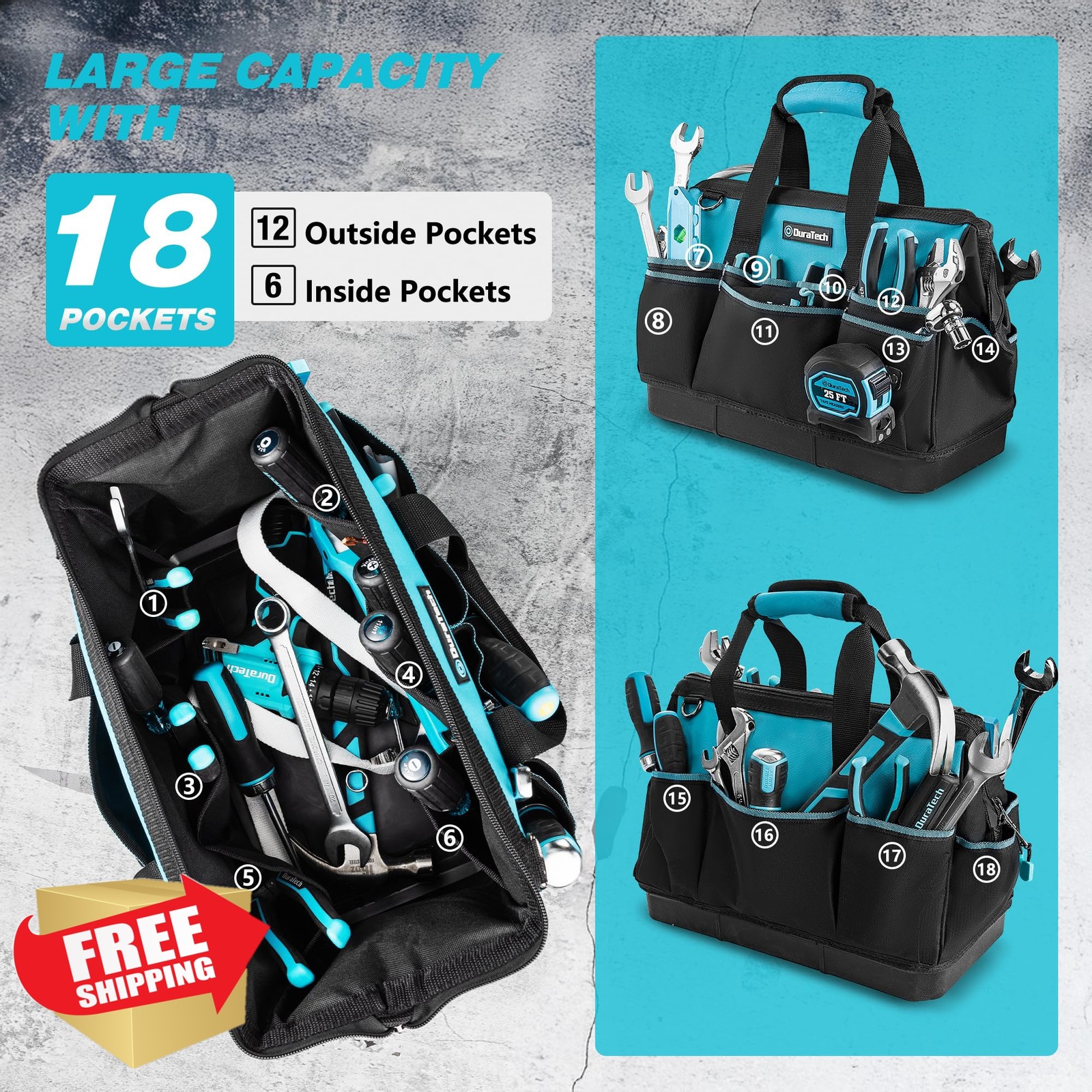 DURATECH 16″ Heavy Duty Tool Bag, Waterproof Bottom, 18 Pockets