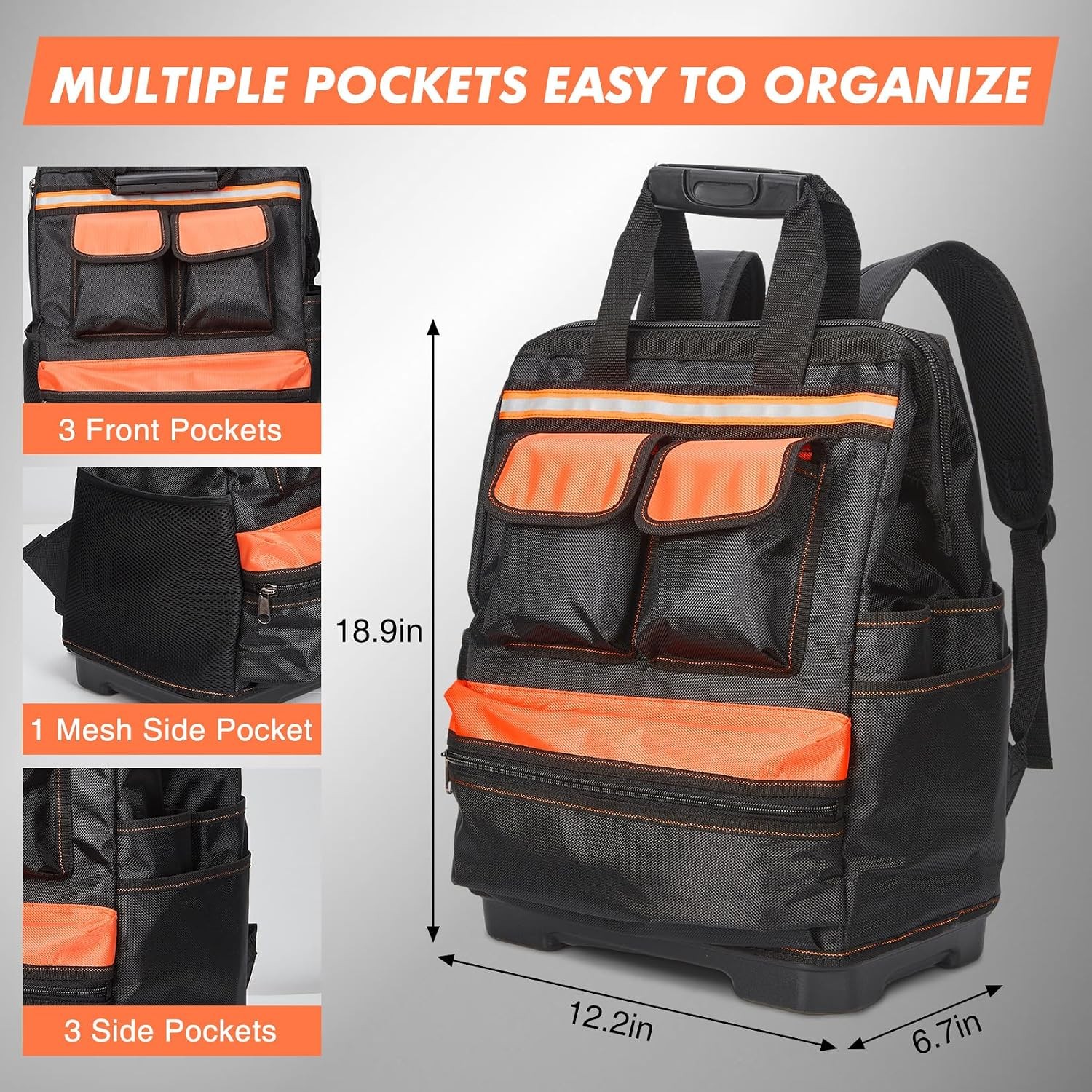 17in Heavy Duty Tool Backpack Waterproof Oxford Contractor Bag Reinforced Base