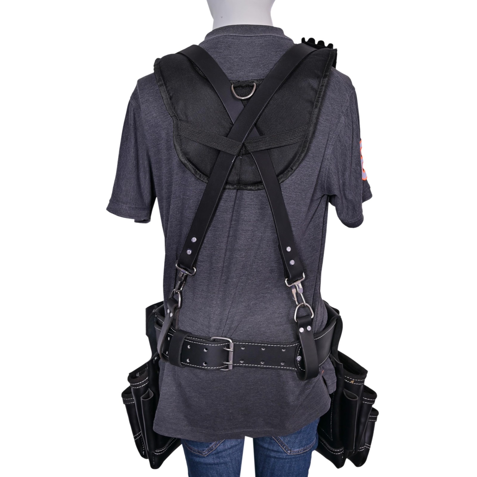 Leather Tool Belt with Detachable D-Loop, Padded Suspenders for Tradesmen