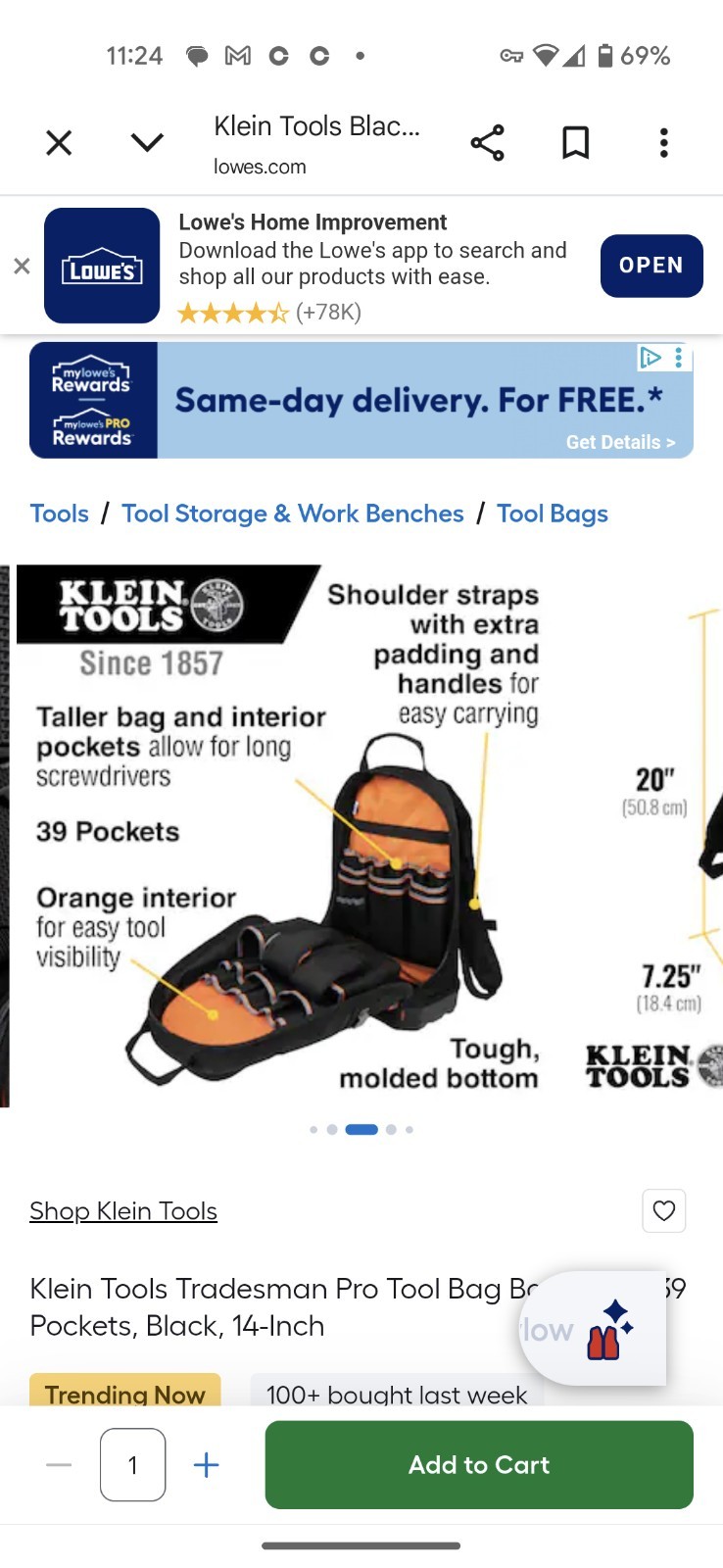 Klein Tools Backpack Tradesman Pro Multi Pockets Zippered Orange Black bag *NICE