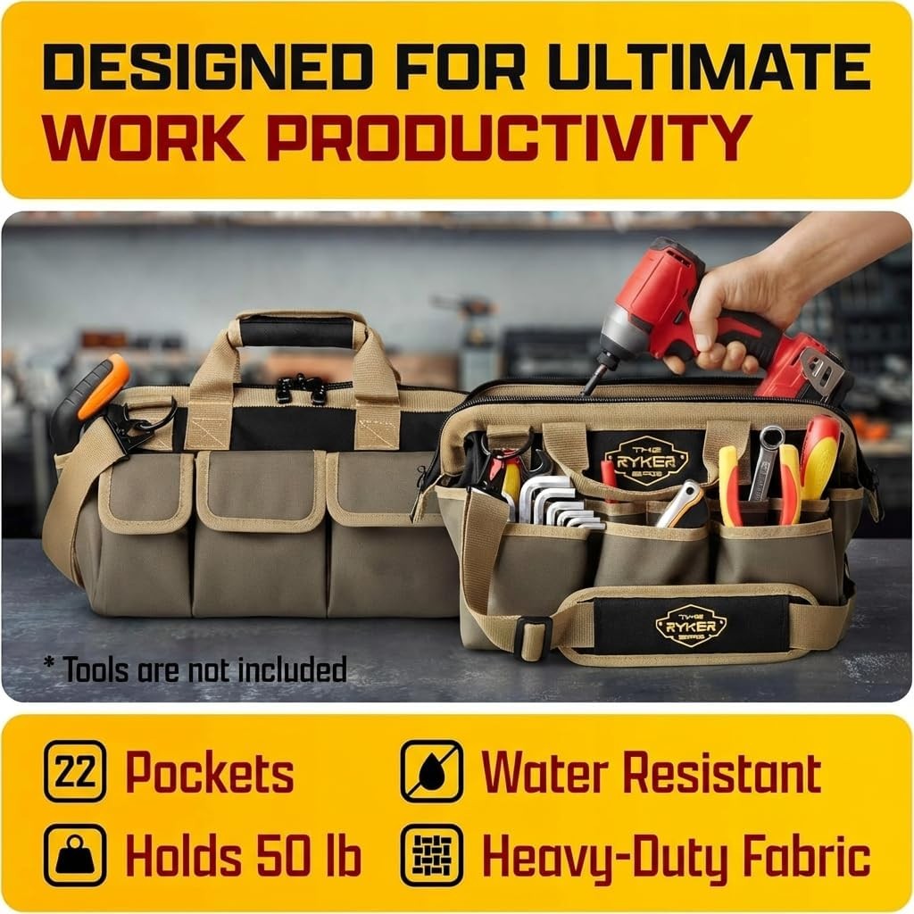 Ryker Heavy Duty Tool Bag 14 Inch 22 Pockets for Mechanic
