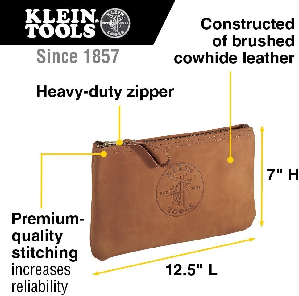 Zipper Bag, Top-Grain Leather Tool Pouch with Strong Zipper Close, 12-1/2-Inch