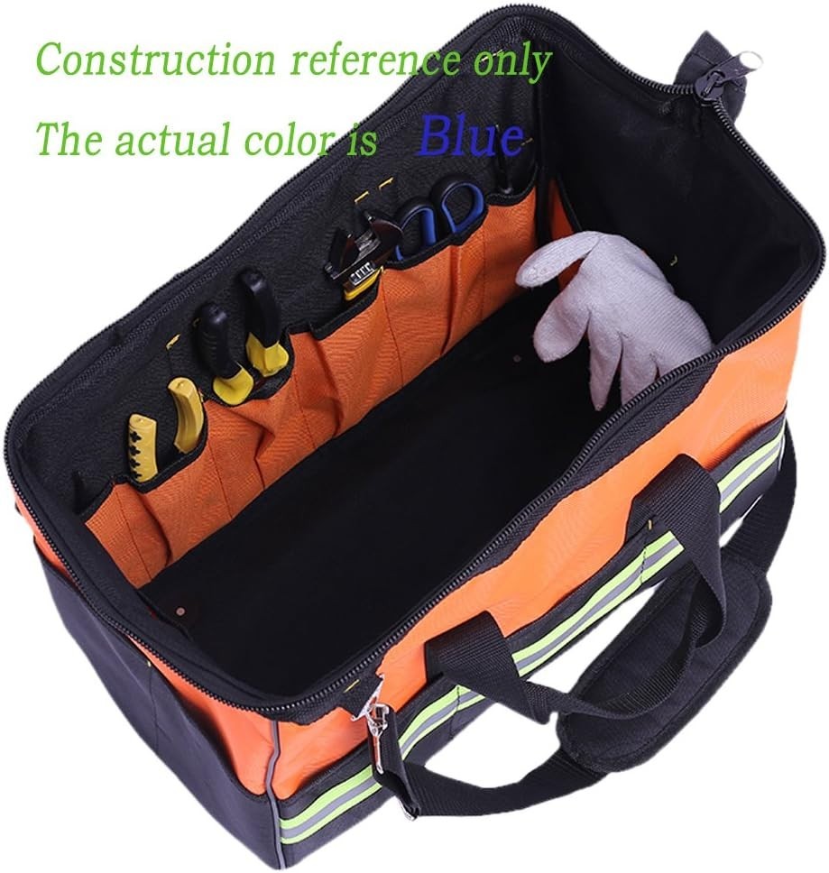 Blue Reflective Tool Bags For Men 16 inch Wide Mouth 18 tool pockets