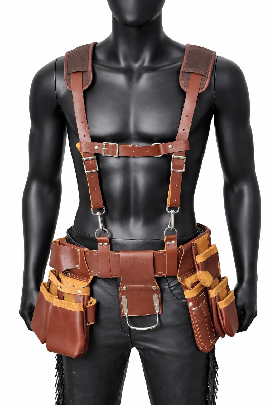 Leather Tool Belt w/ Suspenders Heavy Duty Carpenter Electrician Pouch