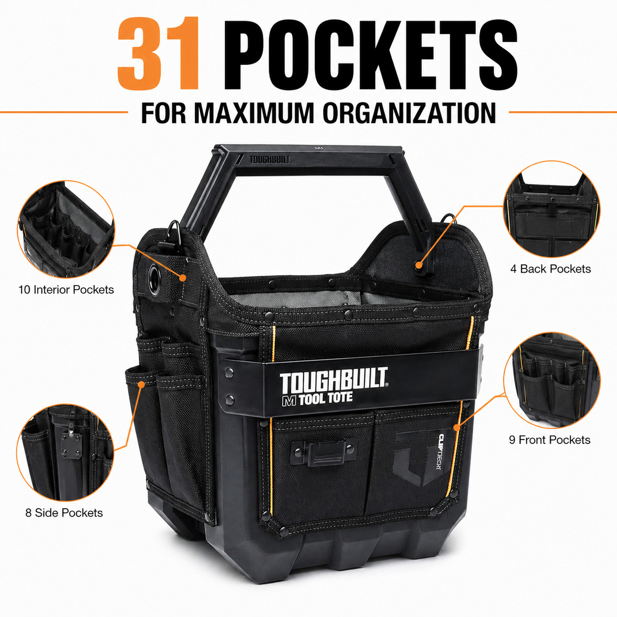 Toughbuilt 12″ Pro Heavy Duty Tool Bag Tote 31 Pockets Wide Opening Work Gear