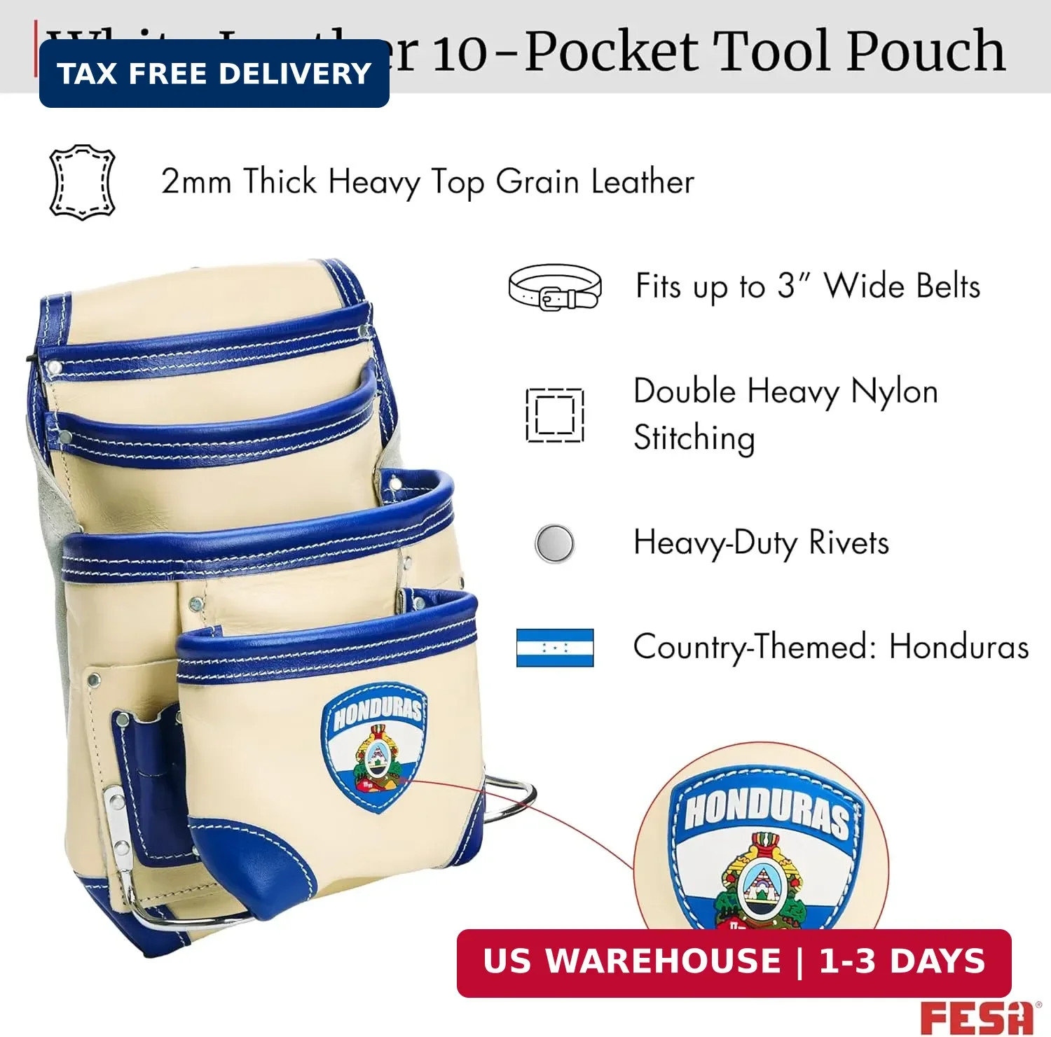 FESA Leather Carpenter Tool Pouch – 10-Pocket Heavy Top Grain Leather Carpenter
