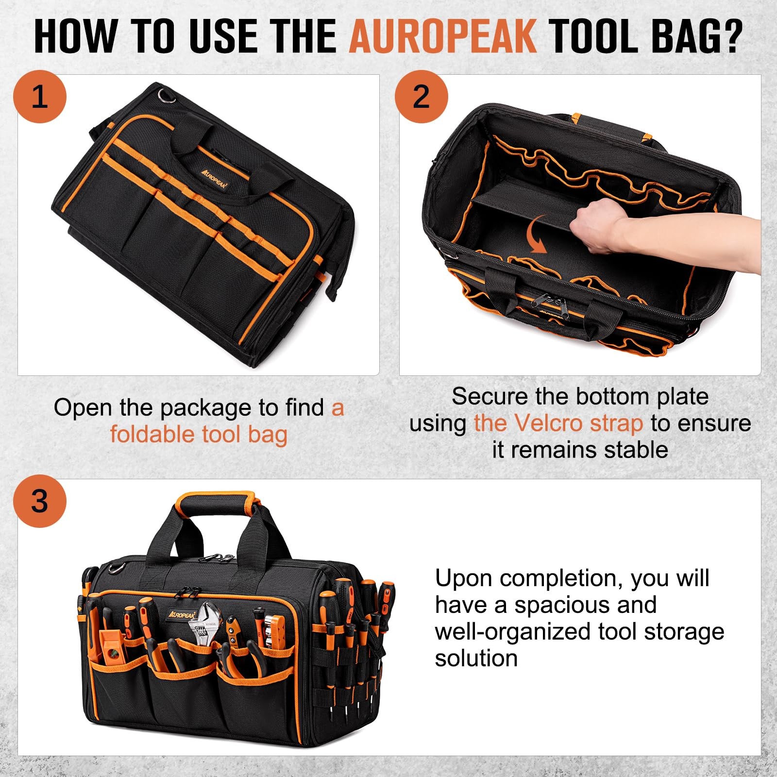 17-Inch Electrician Tool Bags for Men, 46-Pocket 17″x9.8″x12.6″, Black-orange
