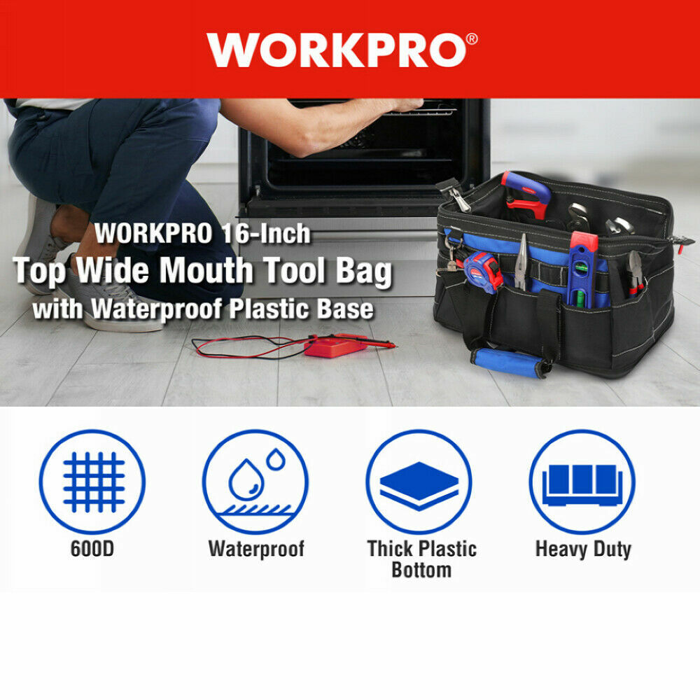 WORKPRO 16»/18″ Durable Tool Bag Wide Mouth Waterproof Heavy Duty Tool Storage