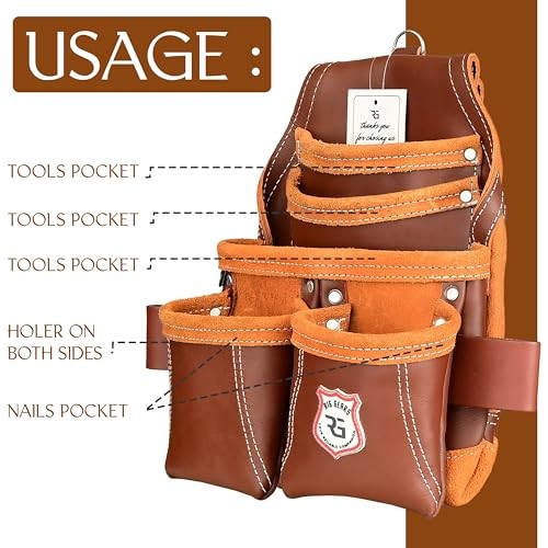 Leather Tool Pouch for Electrician | 5 Pockets Framers Tool Belt Pouches Maroon