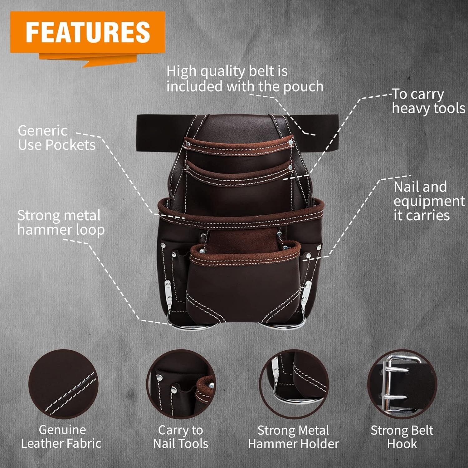 Tool PouchLeather Bag with 2″ Work Belt 10 Pockets 2 Hammer Holder for Handyman