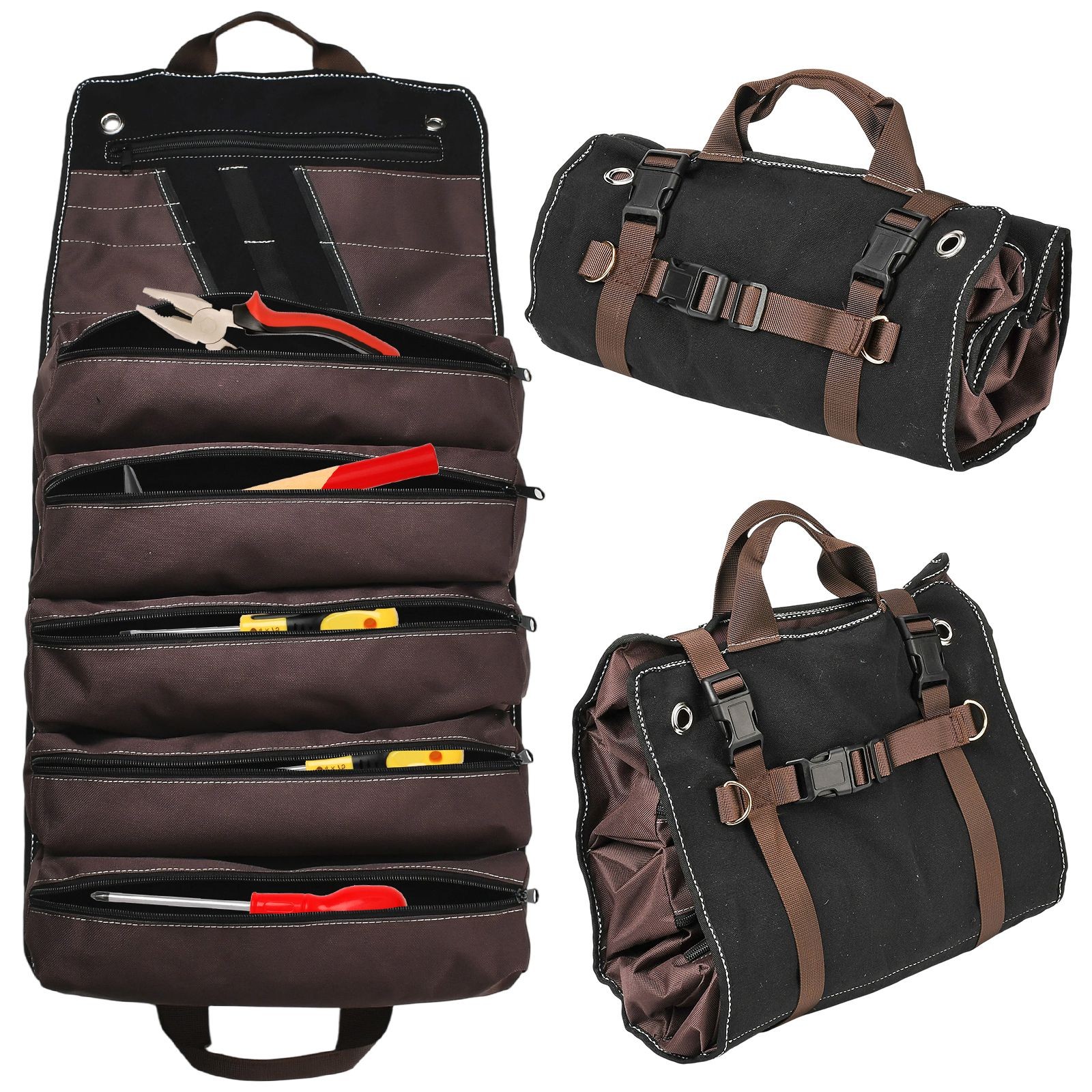 Heavy-Duty Waxed Canvas Tool Organizer Bag 15-Pockets Tool Up Roll Bags Brown