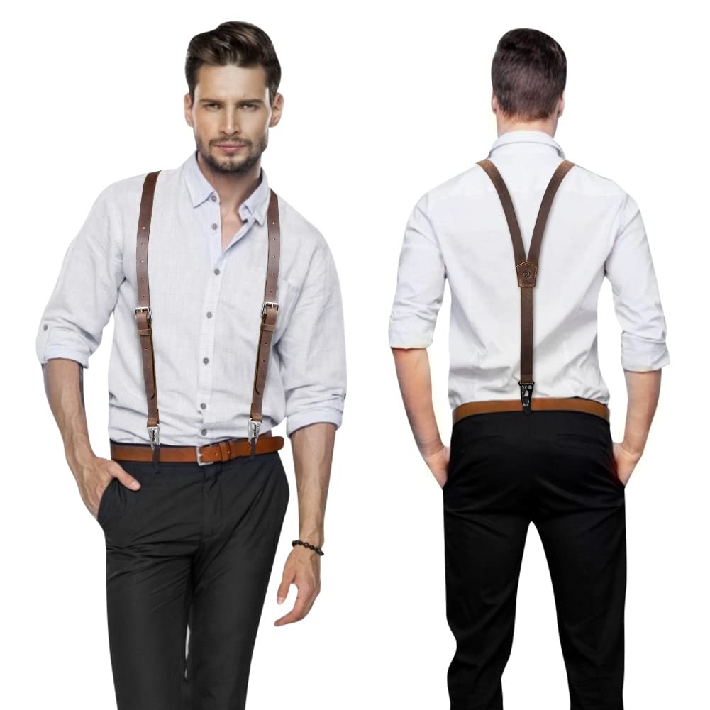 Ringsun Genuine Leather Suspenders for 5 ft 3 in. to 5 9 in, Dark Brown