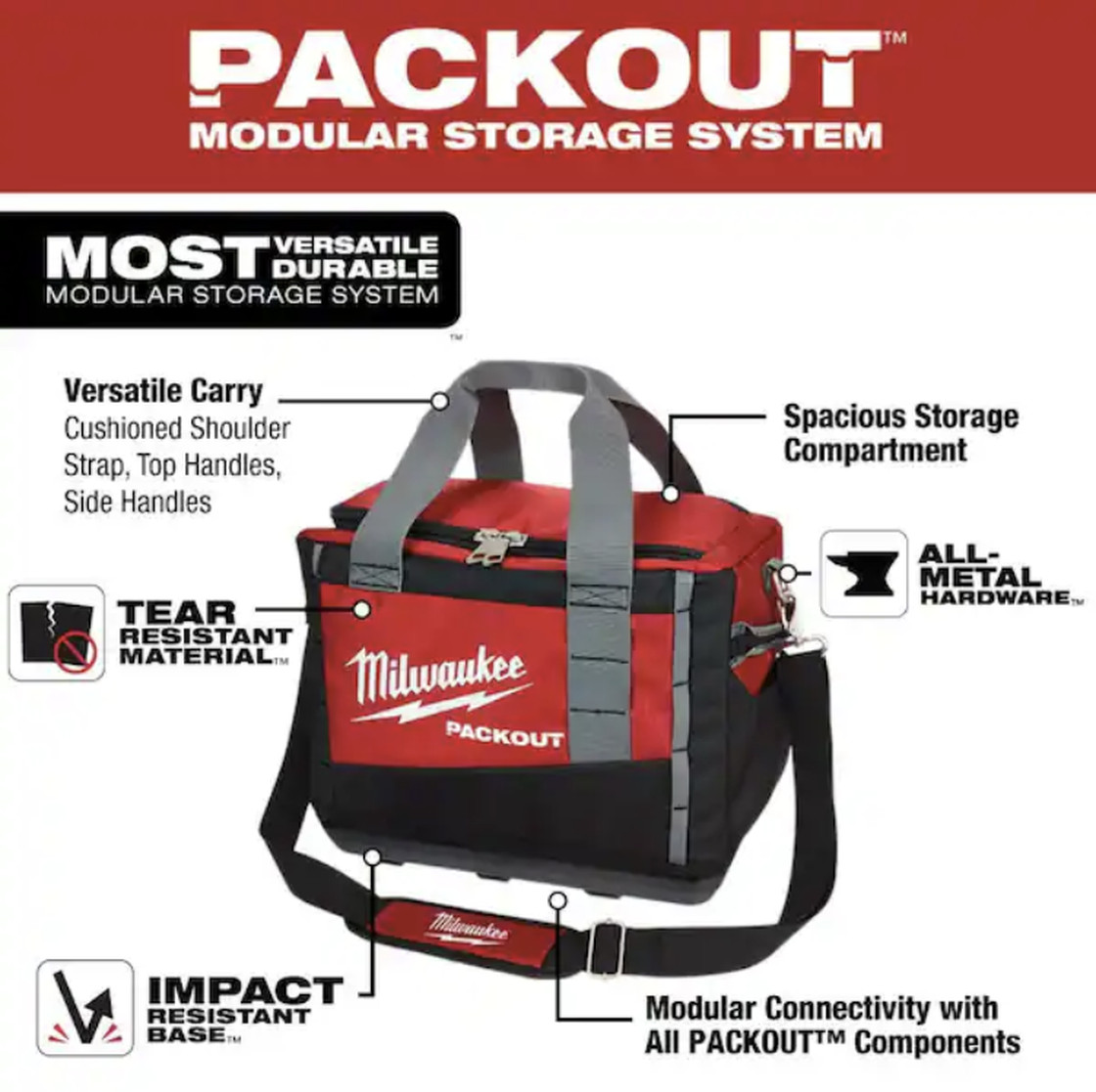 Milwaukee PACKOUT 15 in Tool Bag Tote Red Black 1680D Ballistic