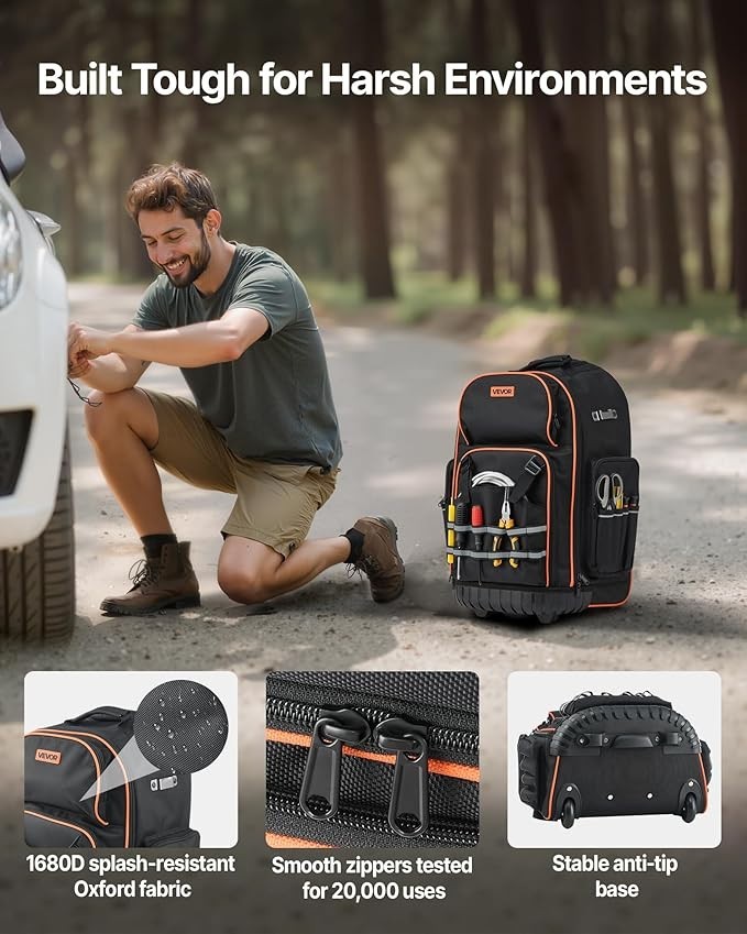 Rolling Tool Backpack with Wheels, 75 Pockets & Lock for Electricians