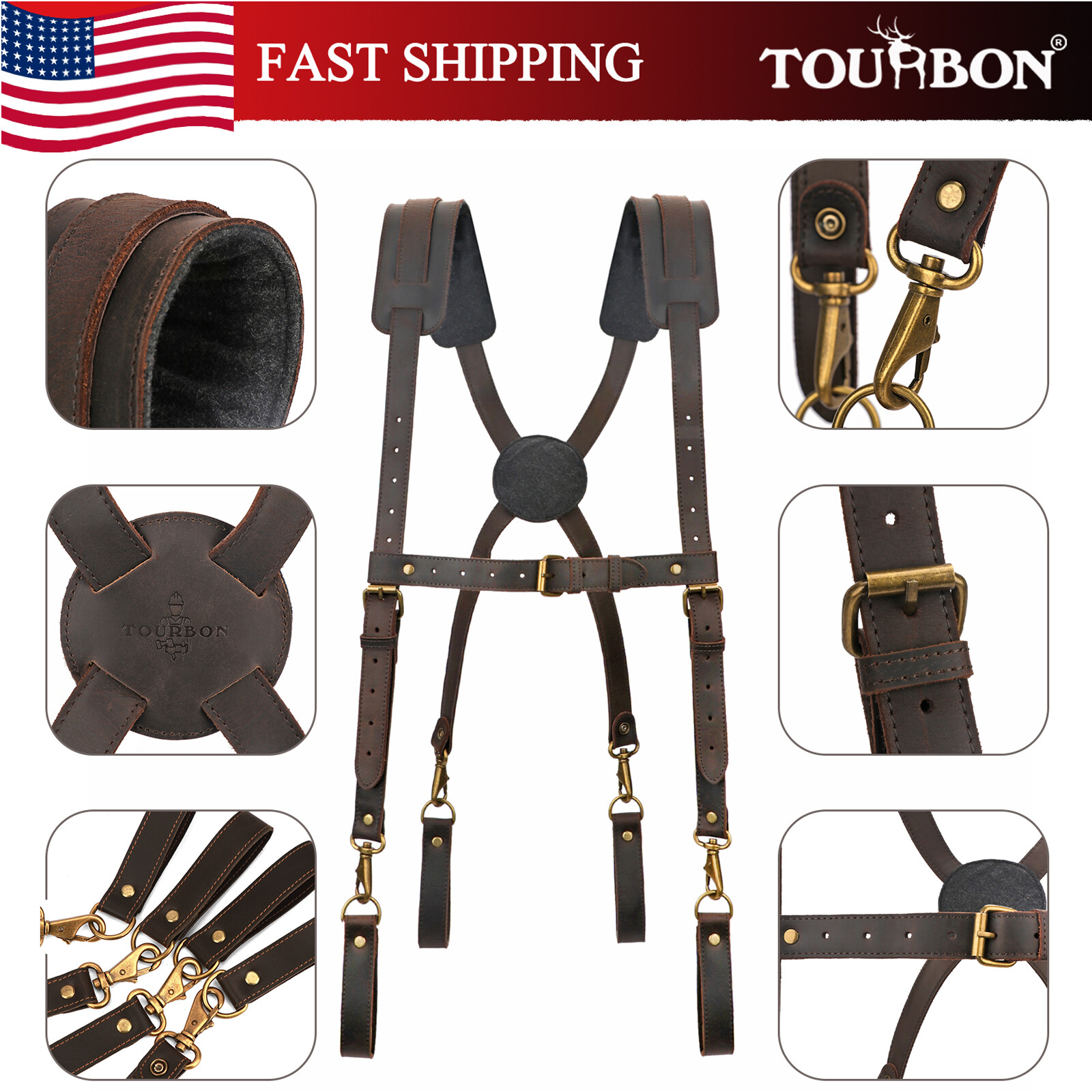 TOURBON Leather Heavy Duty Tool Carry Chest Strap Suspenders Carpenter Hamess US