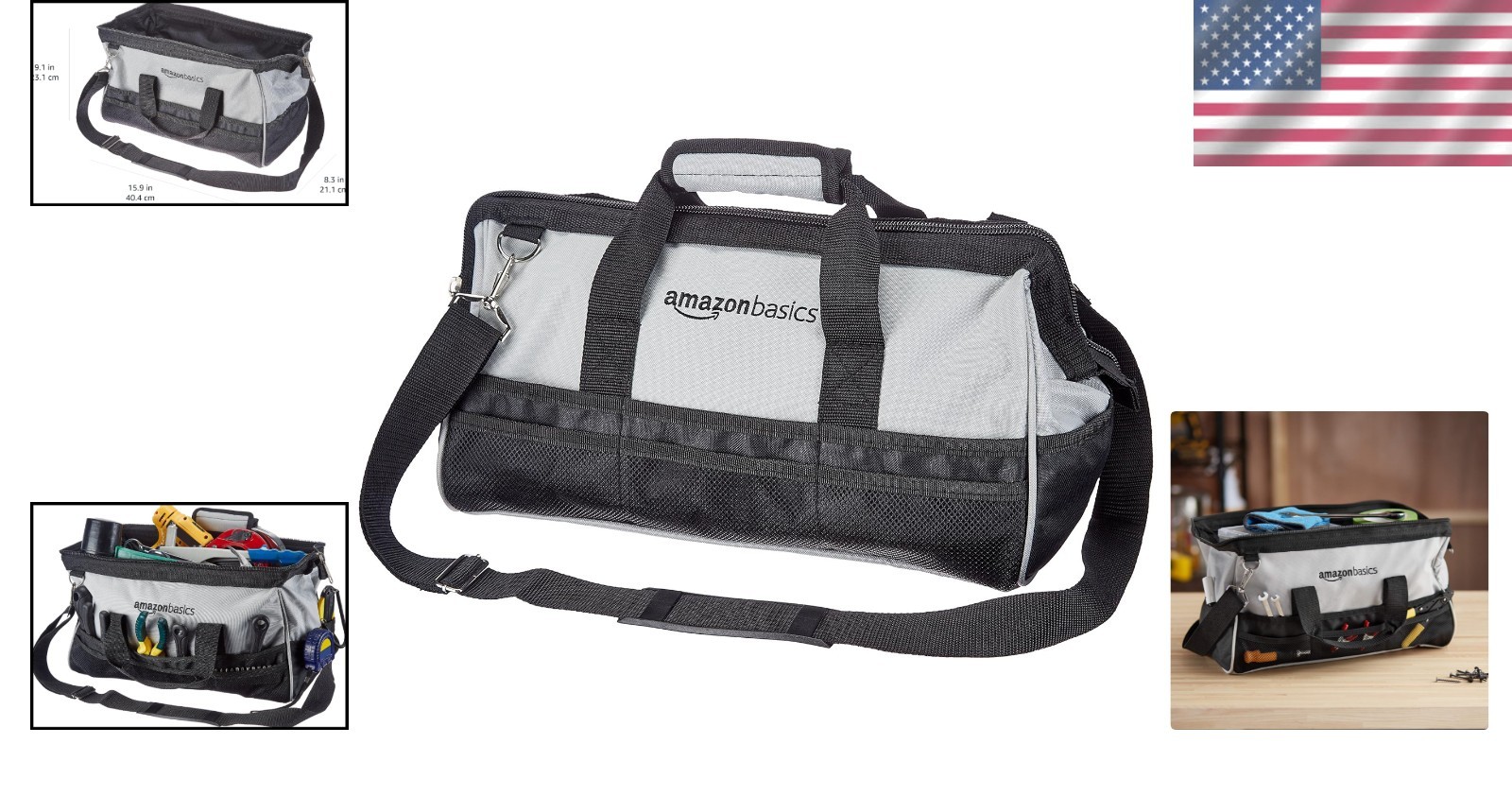 Durable 16-Inch Tool Bag with 26 Compartments & Adjustable Strap in Black/Grey