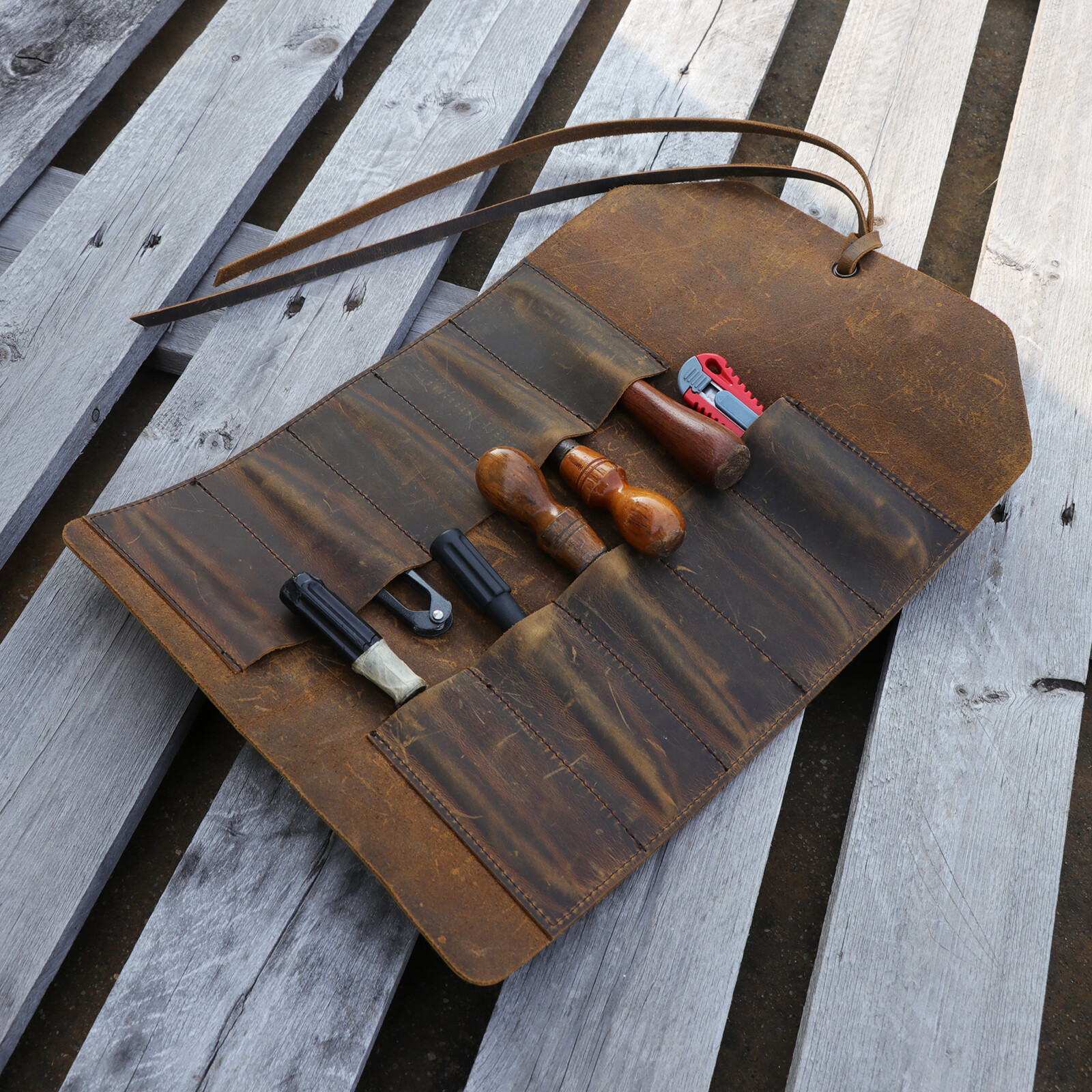 TOURBON Vintage Leather Roll Craft Tool Organizer Workshop Knife Carrier Bag