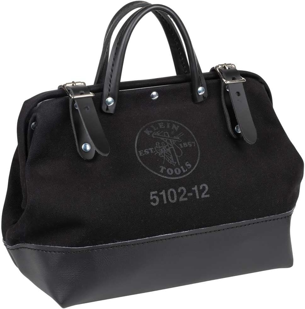 Heavy Duty Black Canvas Tool Bag with Wide Hinged Opening and Leather Handles, 1