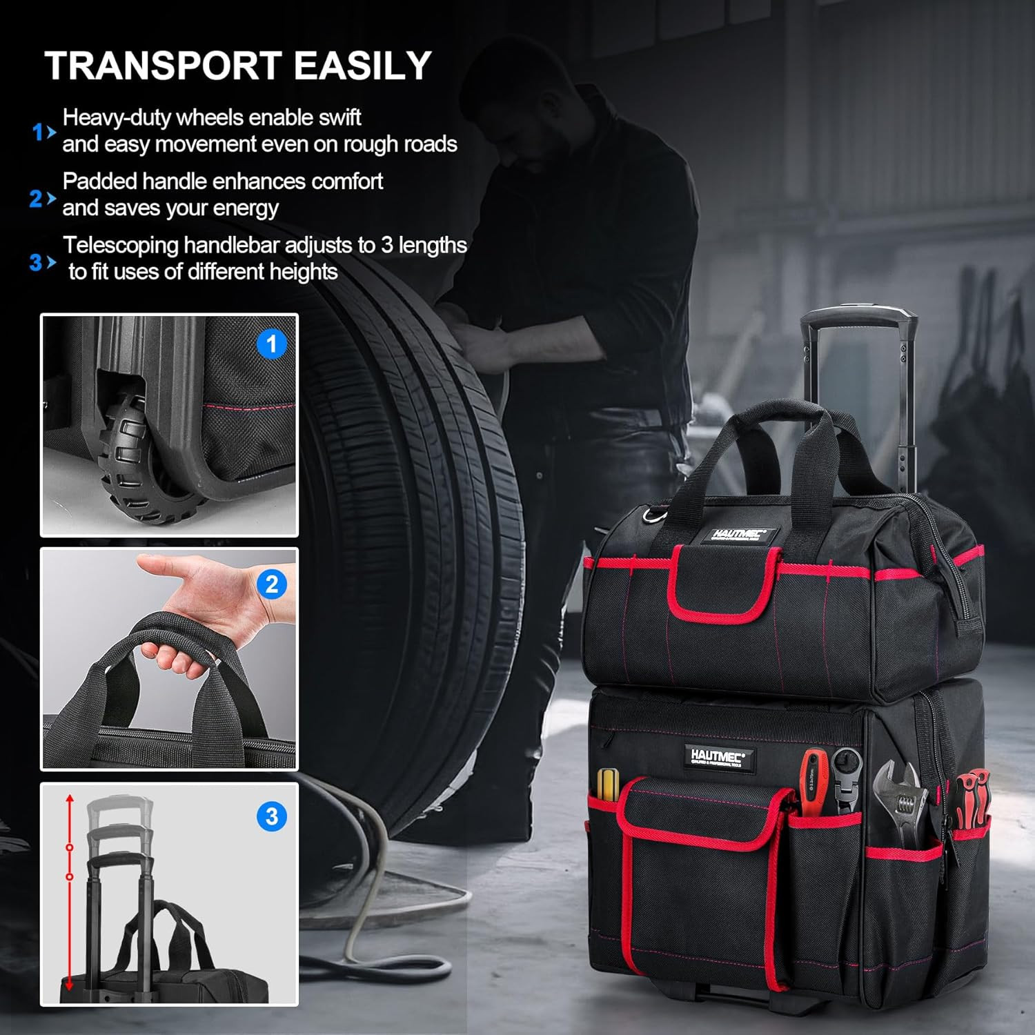Heavy-Duty 2-Piece Rolling Tool Bag Set with Wheels & Utility Bag