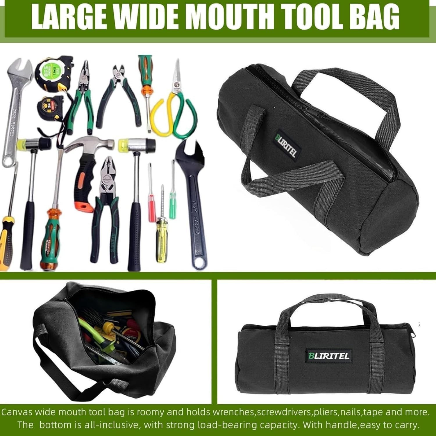 14 Inch Small Tool Bag for Men, Large Capacity Wide Mouth Tool Bag, Canvas To…