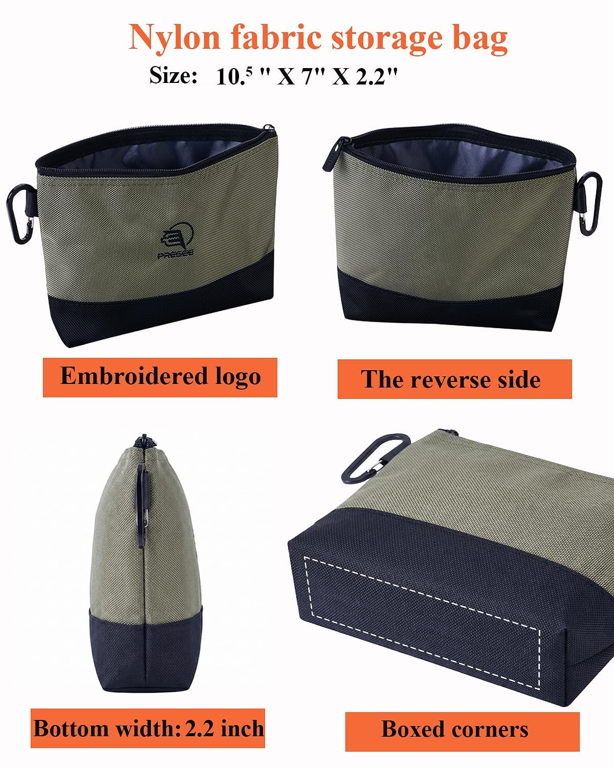 10.5 Inch Green Small Tool Pouch Zipper Bag Organizer 1680D Nylon Carabiner