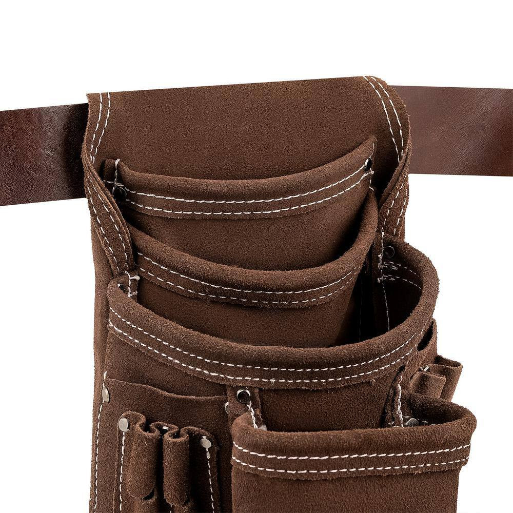 10 Pocket Suede Leather Work Tool Belt Pouch with Steel Hammer Loop and Tape Mea