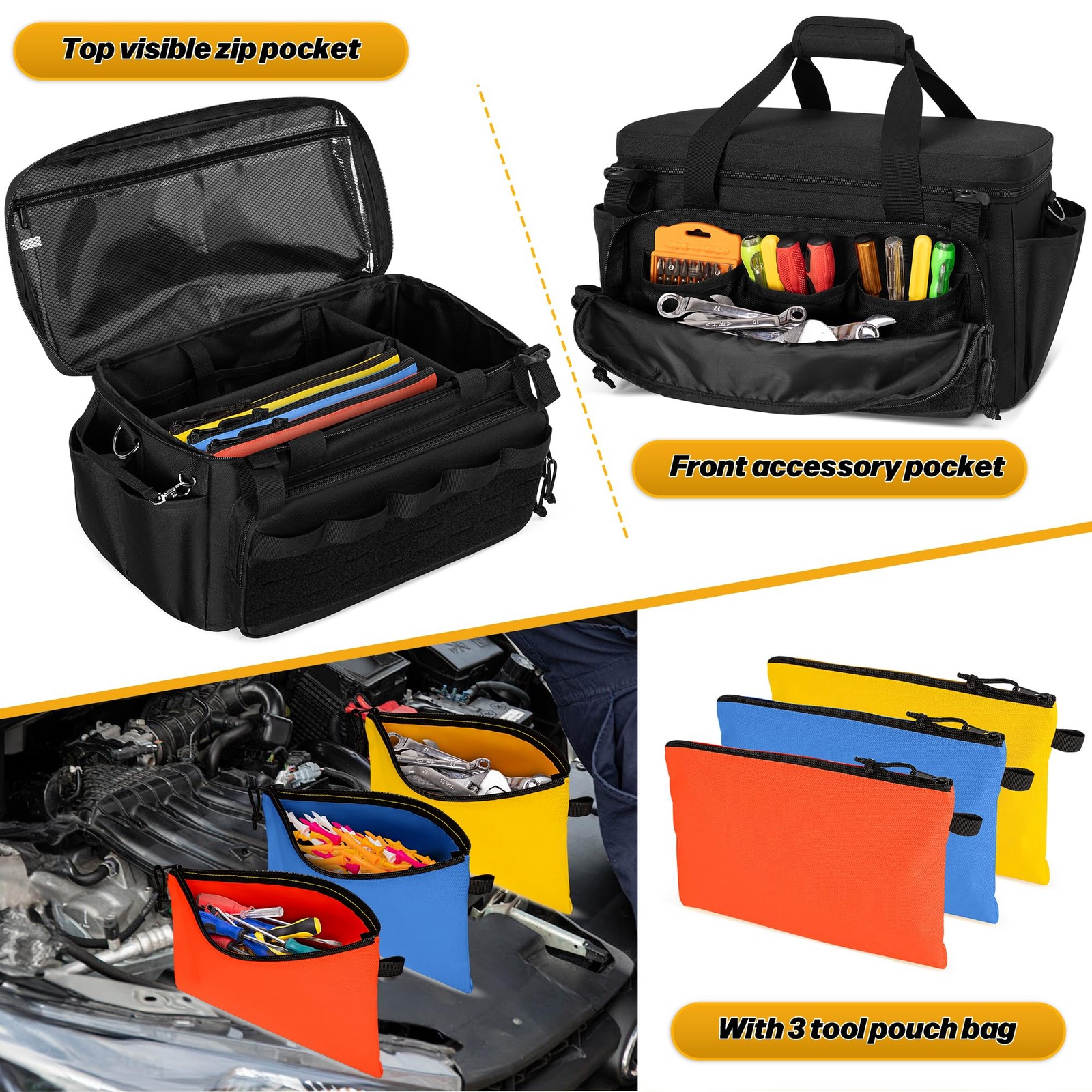 17-Inch Tool Bag with 3 Tool Pouches, Tool Storage Organizer for Men with Ant…