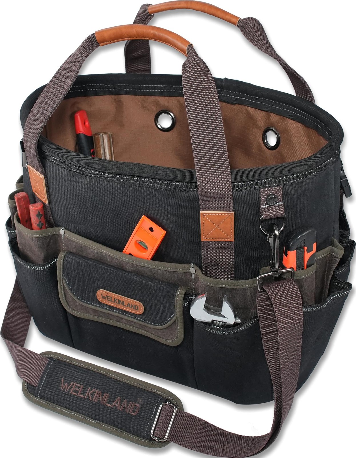 WELKINLAND 42-Pockets Electrician 16 inches, Waxed Black w/ Brown & Green