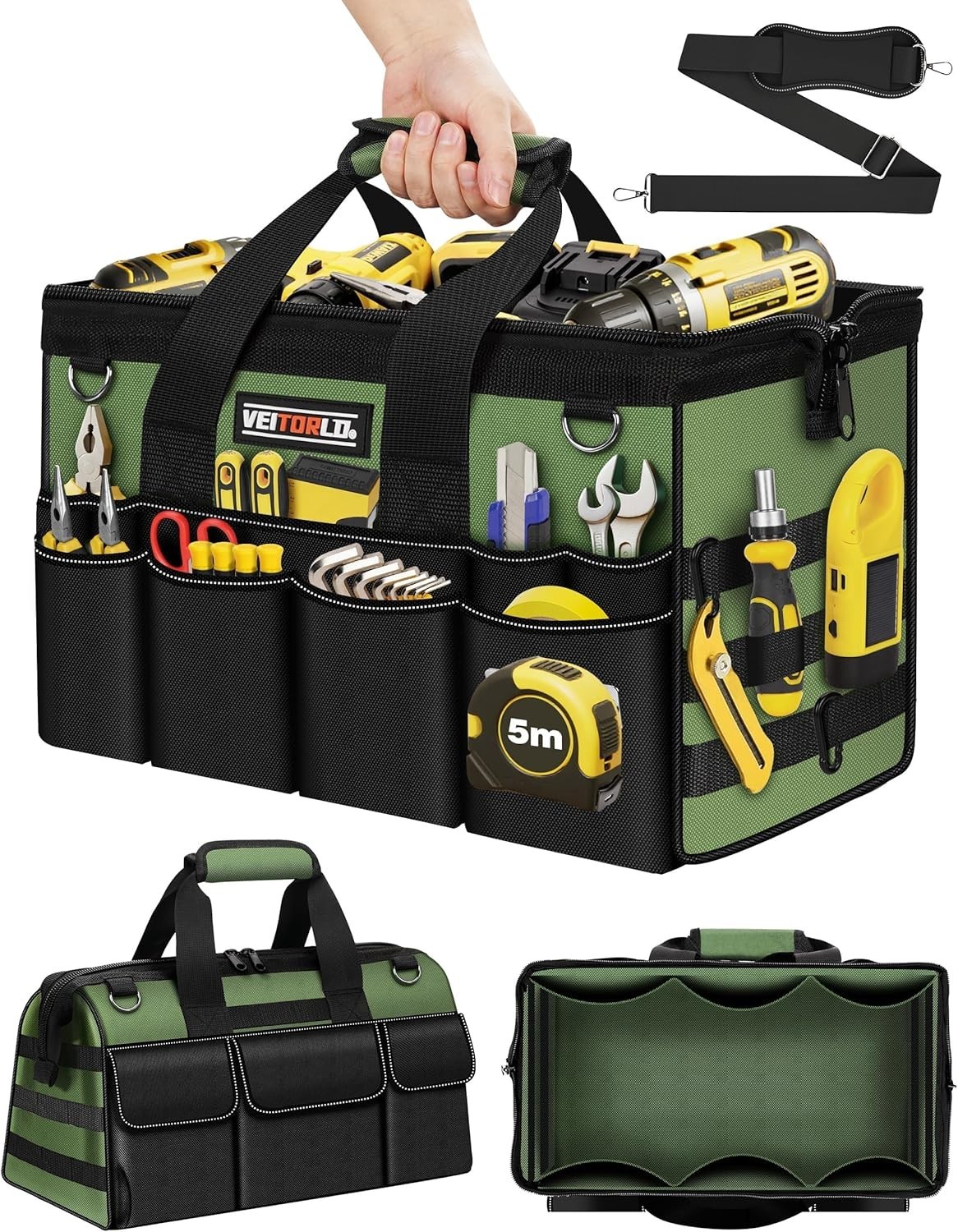 16-Inch Heavy-Duty Tool Bag – 19 Pocket Organizer in Deep Green for Efficiency