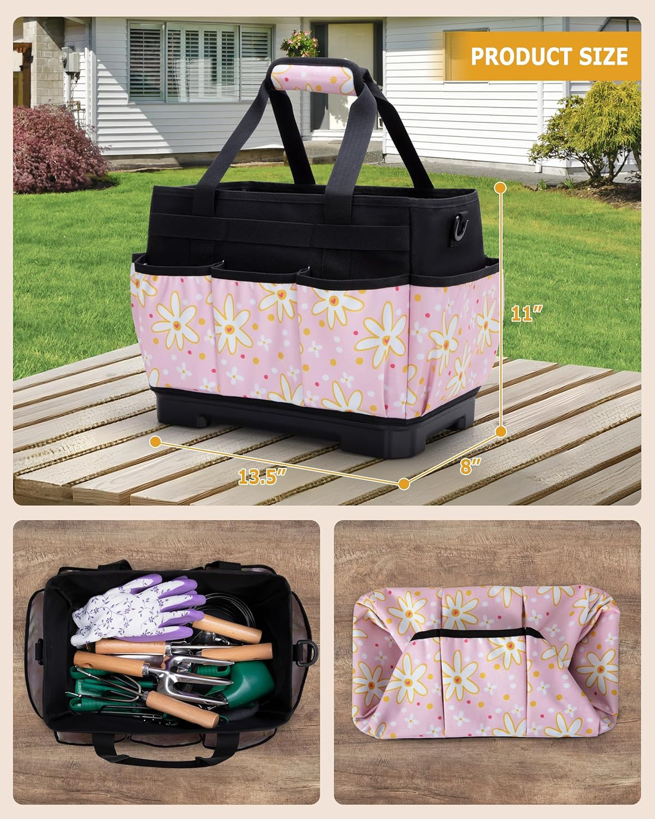Garden Tool Bag with Hard Bottom Water Resistant 600D Polyester 20L Capacity