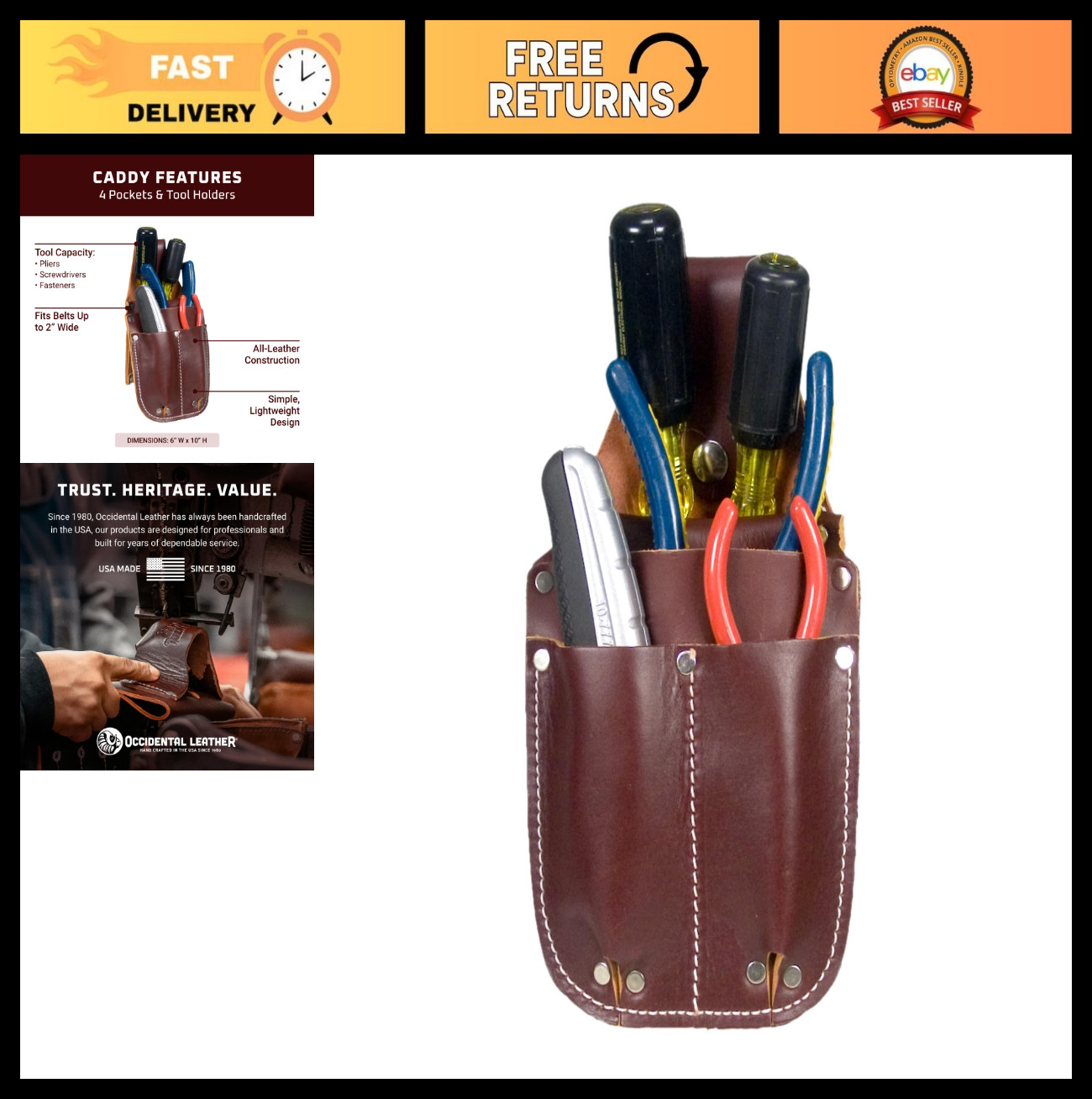 Brown Tool Pocket Caddy – 4 Pockets & Holders – Fits 2″ Belts – Lightweight USA