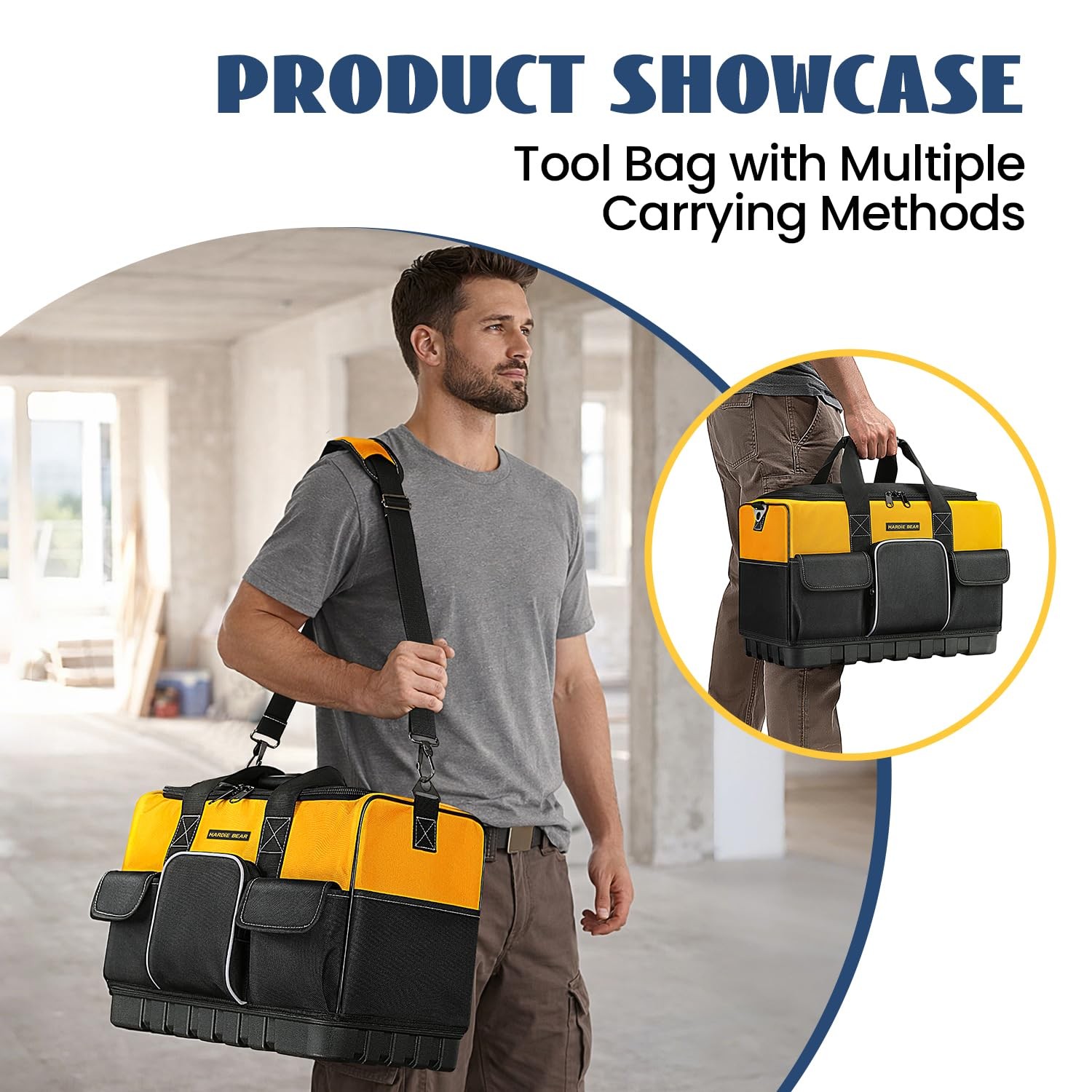 Tool Bag, 18 Inch, Yellow and Black, Wide Mouth Opening, Multiple Pockets, Sh…