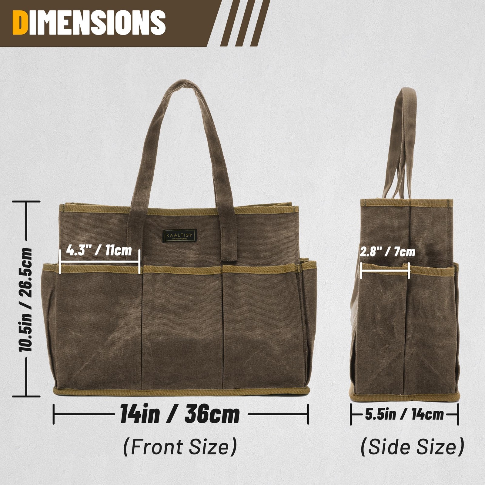 16OZ Waxed Canvas Tool Tote Bag for Garden Tools 14 x 5.5 x 10.5 inches, Grey