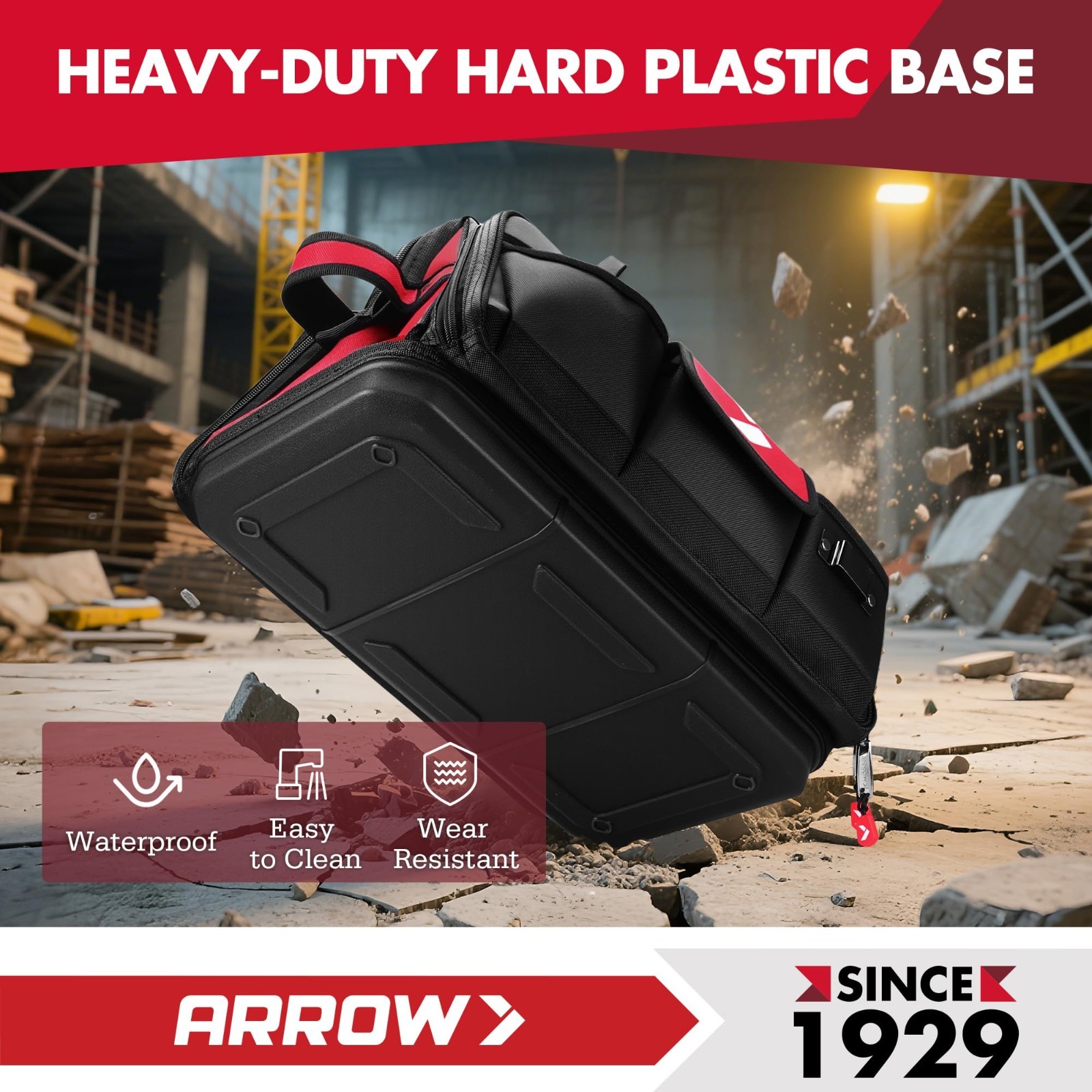 Large 17″ Heavy Duty Tool Bag with 36 Pockets, Waterproof Base, Reflective Band,