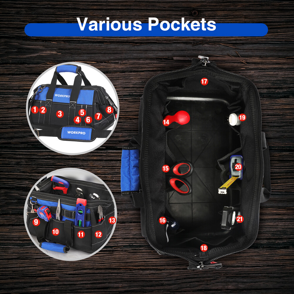 16″ Wide Mouth Tool Bag Water Proof Molded Base Pockets Tool Storage Organizer