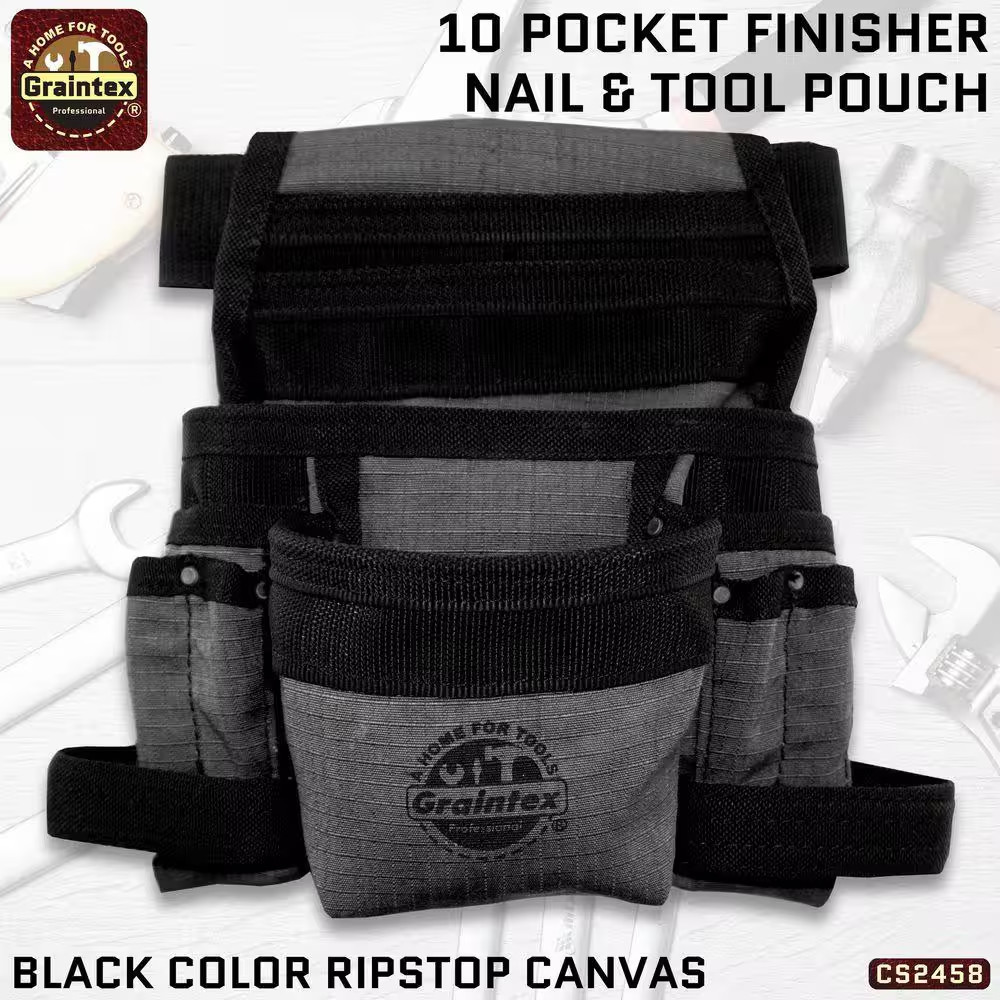 10-Pocket Black Canvas Finisher Tool Pouch with Belt