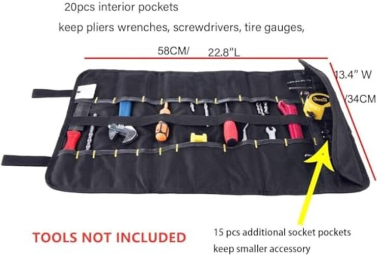 Black Heavy Duty Tool Roll Bag Organizer – 20 Pockets – Roll Up Tool Roll
