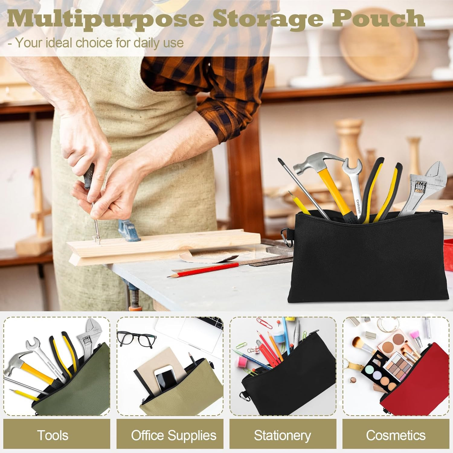 4 Pack Tool Bag, Premium Tool Pouch Zipper Bag, 12″ Tool Pouch with Zipper, Mult