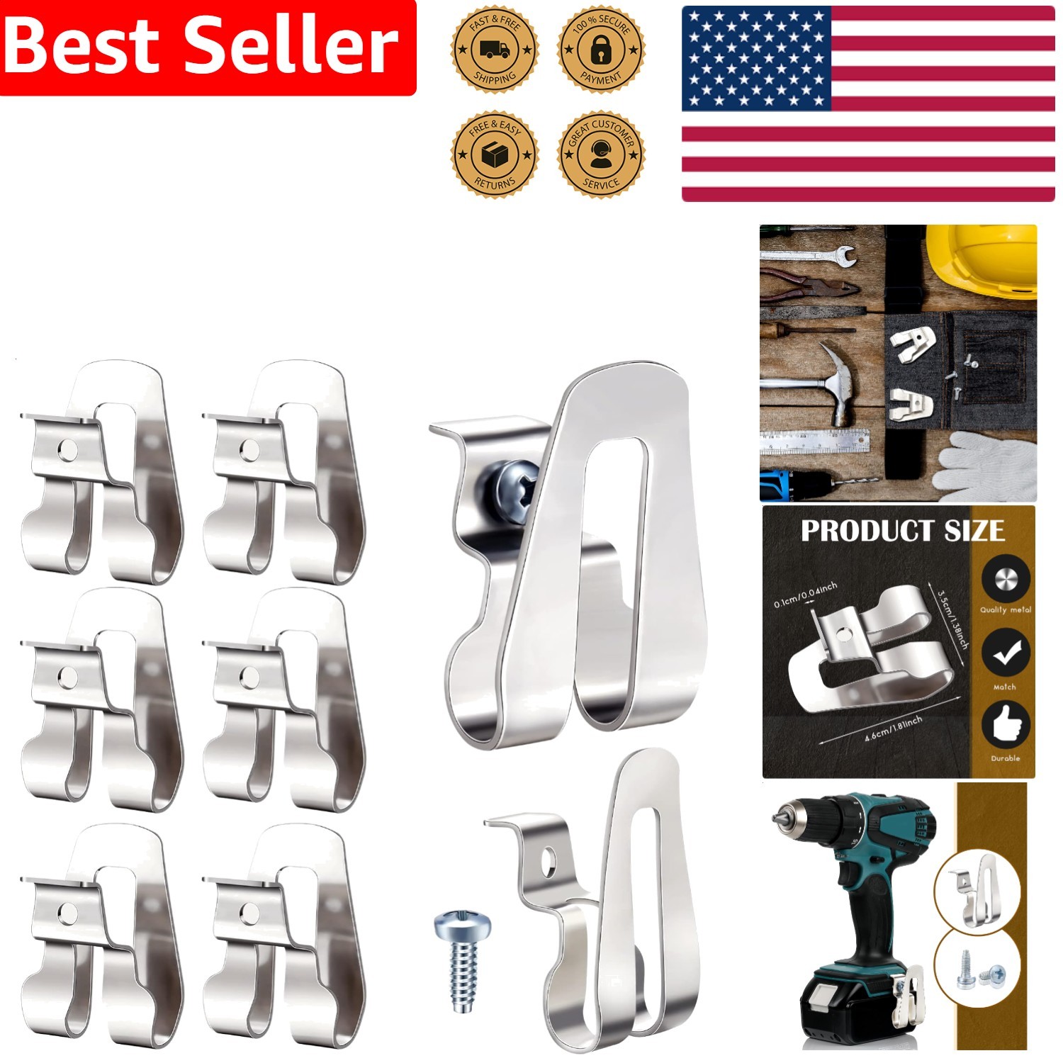 Drill Driver Belt Clip Hooks 8-Pack Stainless Steel Power Tool Accessory Screws