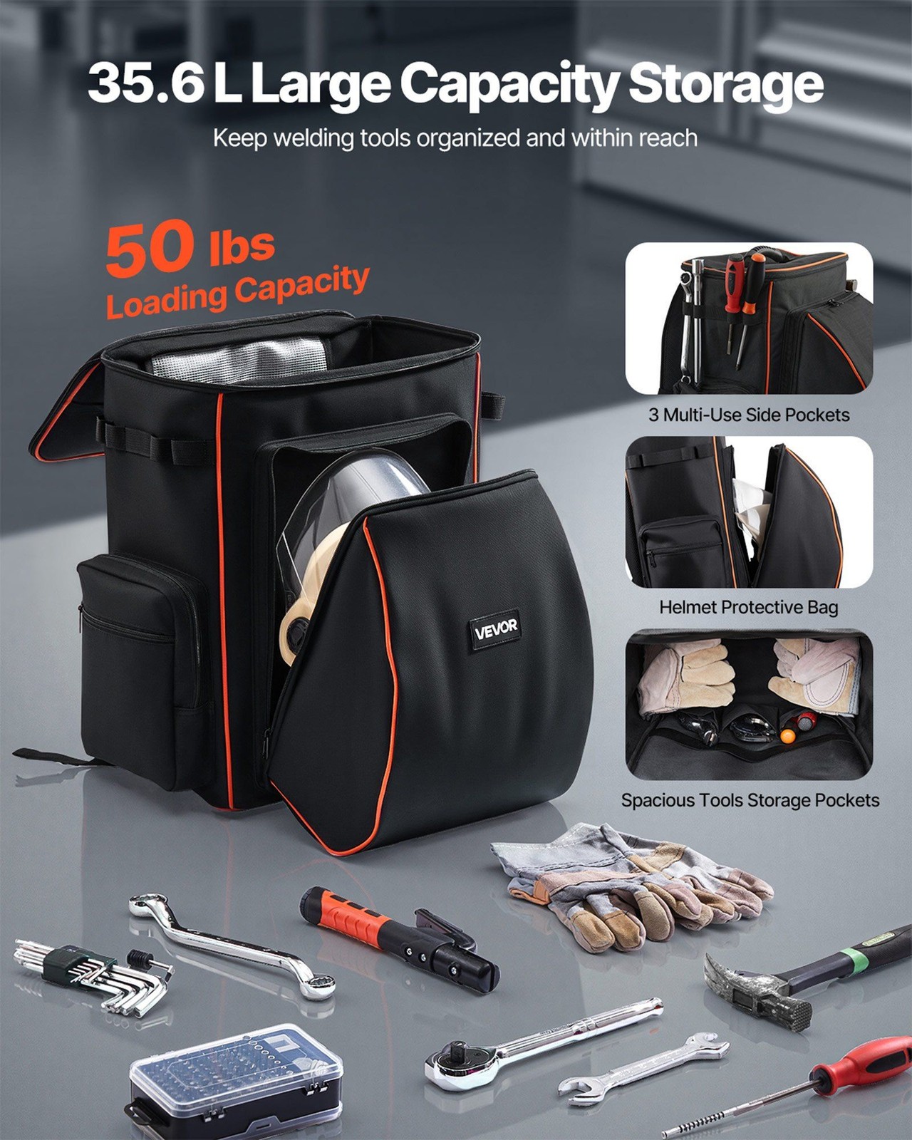 35.6L Spacious Welder Backpack 600D Polyester Helmet Catch & Side Pockets