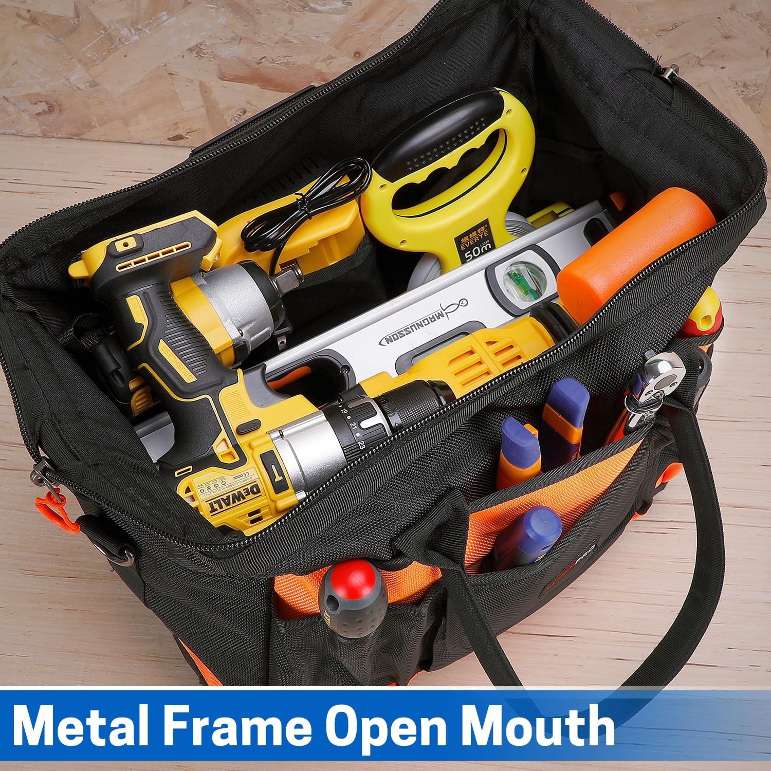 16 inch Heavy Duty Wide Mouth Tool Bag for Plumbers, Waterproof, Multi-Pockets