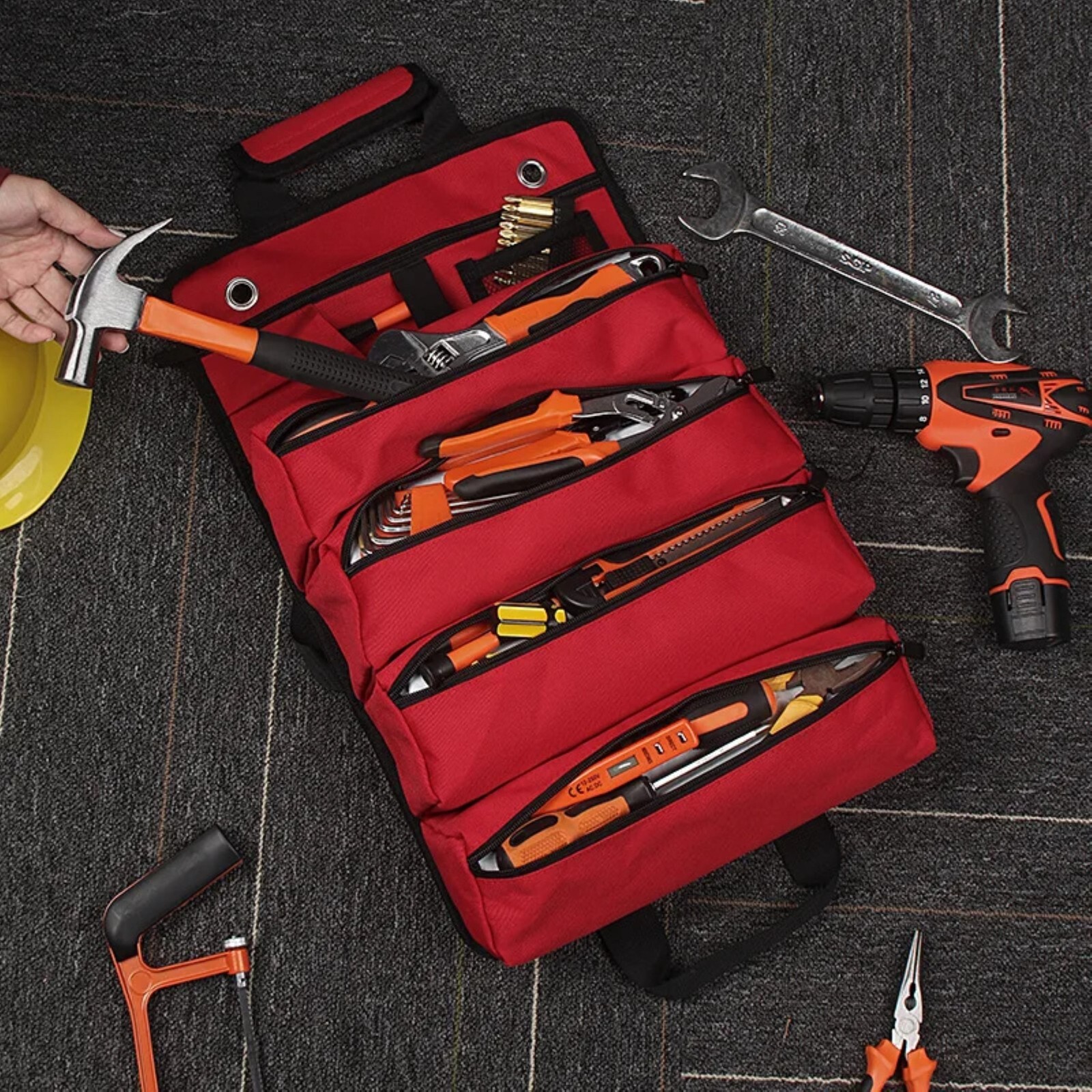 Multi-Purpose Tool Roll Up Bag 5 Pocket Wrench Pouch Canvas Hanging Organizer