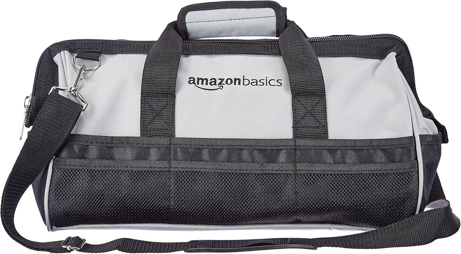 Durable 16-Inch Tool Bag with 26 Compartments & Adjustable Strap in Black/Grey