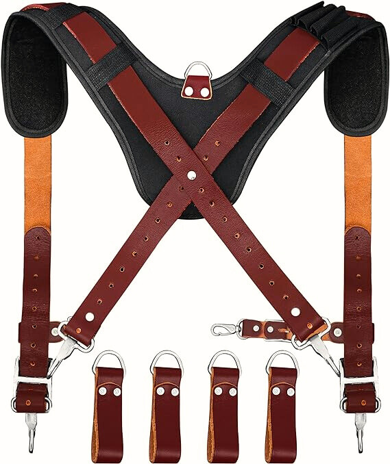 Leather Tool Belt Suspenders Padded with 4 Detachable D-Loop for Construction