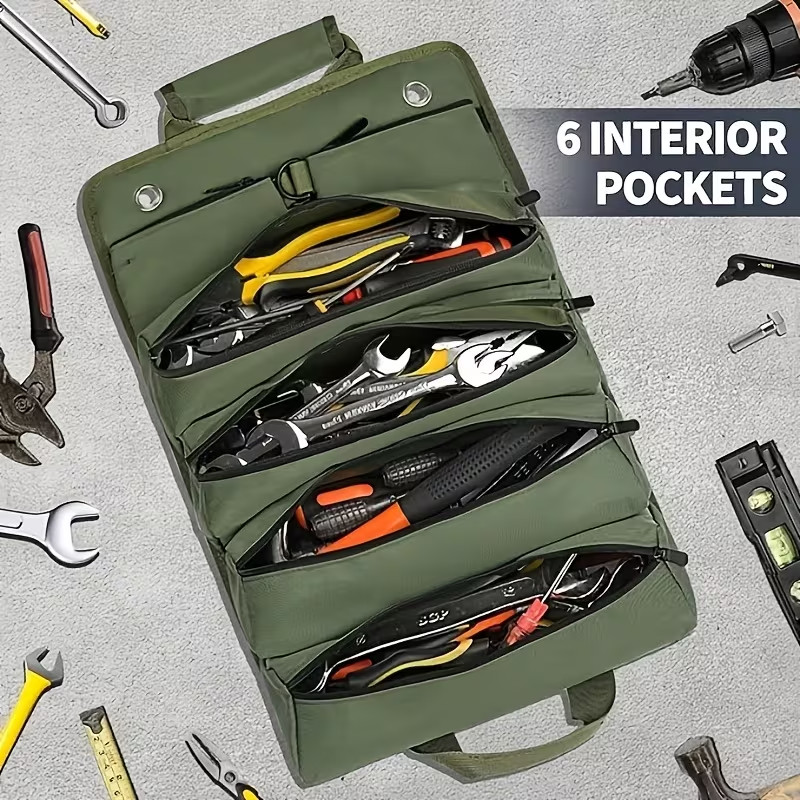Heavy Duty Roll Up Tool Bag – Waterproof Organizer for Electricians & Mechanics