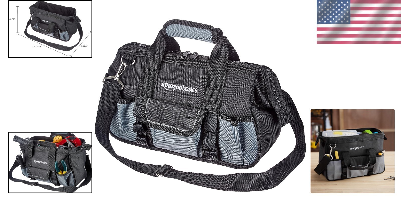 Durable Tool Storage Bag with 16 Pockets & Adjustable Strap, 12in, Black & Gray